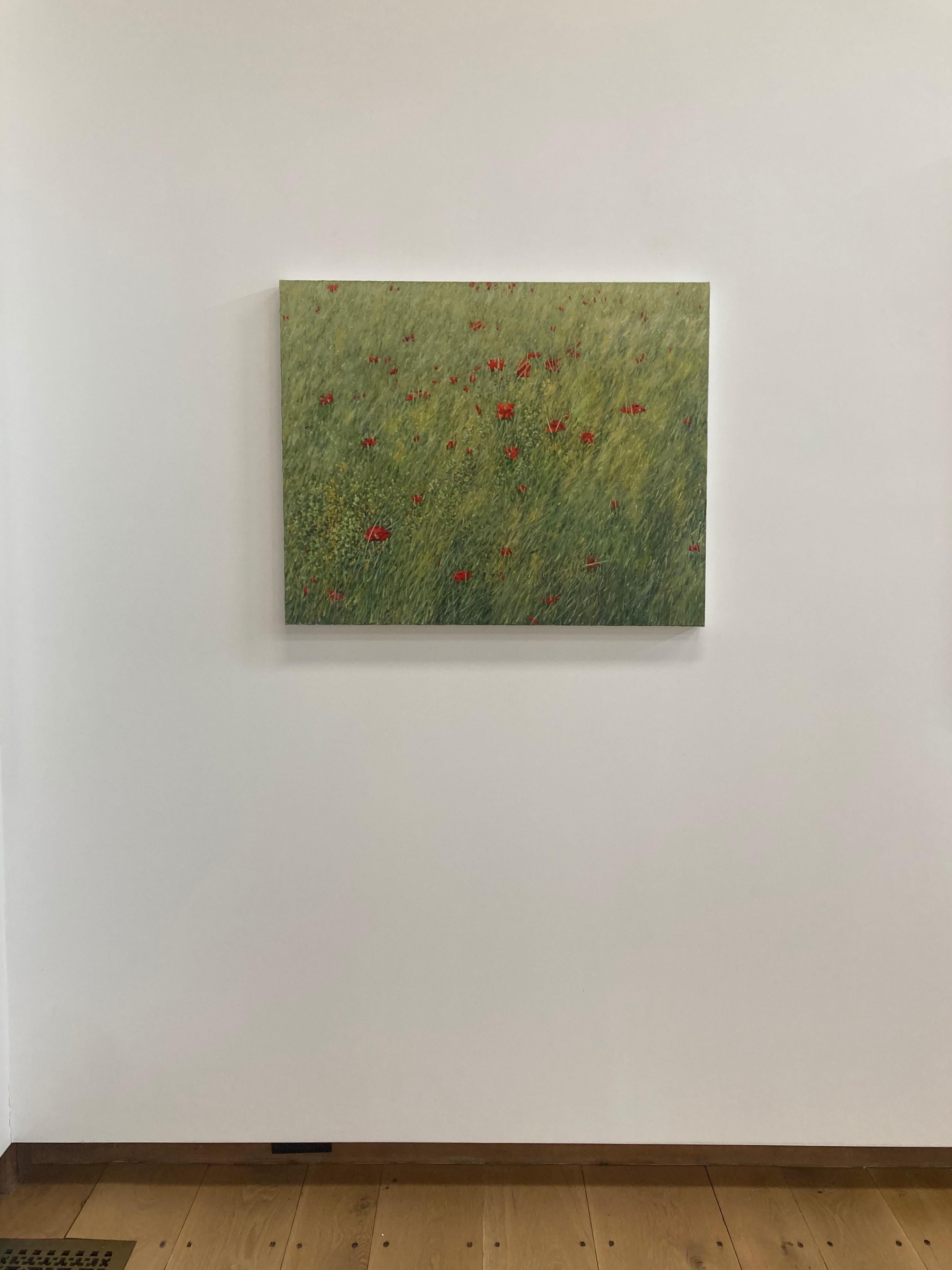 Questo dipinto di paesaggio contemporaneo a olio su lino raffigura una tranquilla scena all'aperto di fiori rossi delicatamente dipinti in un campo erboso verde, catturando splendidamente l'atmosfera idilliaca di un campo di erba e papaveri