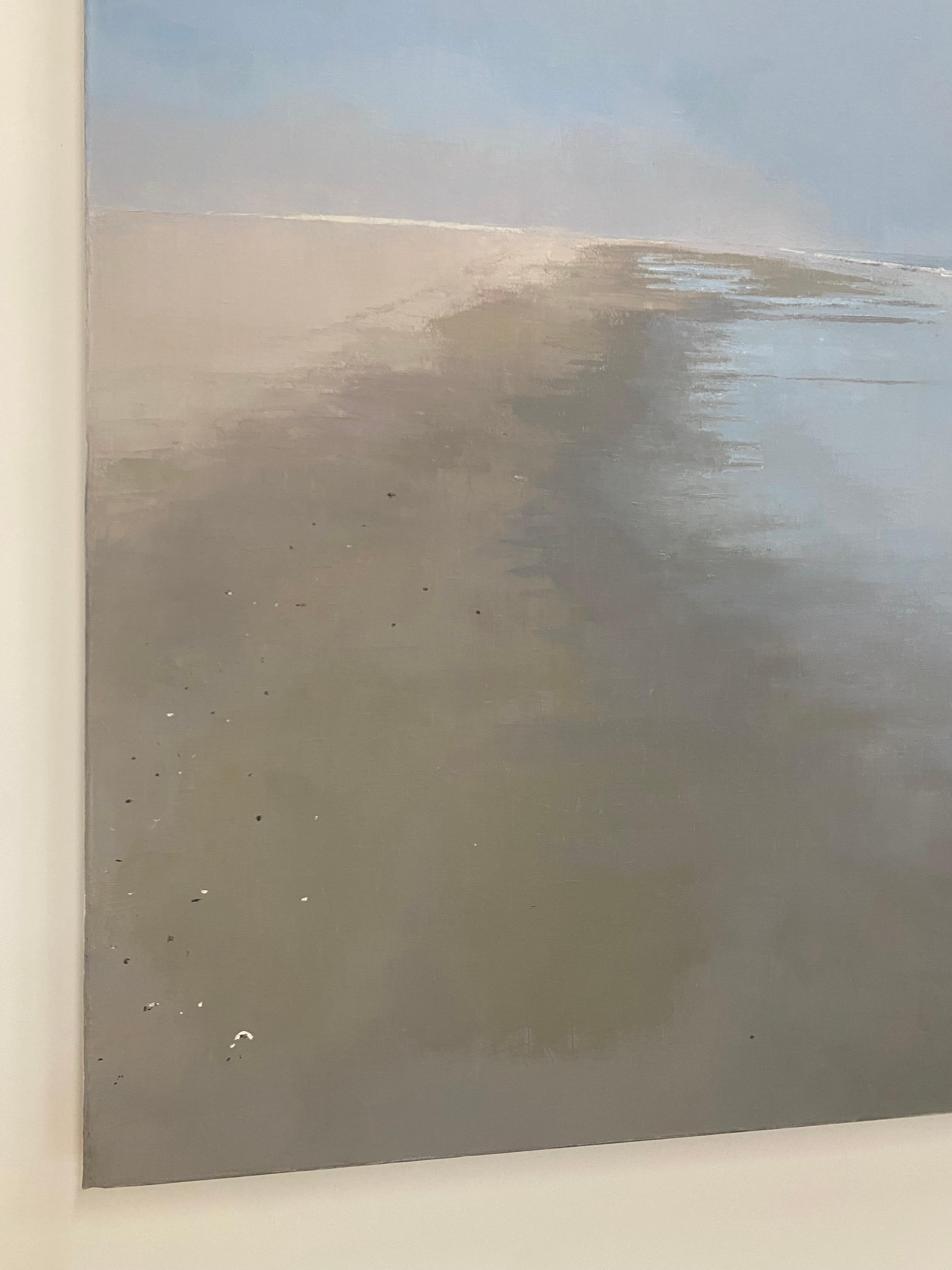 A peaceful outdoor beach scene of the sandy shoreline along the ocean, shrouded in fog beneath a calm, pale blue sky. Signed, titled, and dated on verso.

The paintings of Thomas Sarrantonio seek to mediate between realms of external perception and