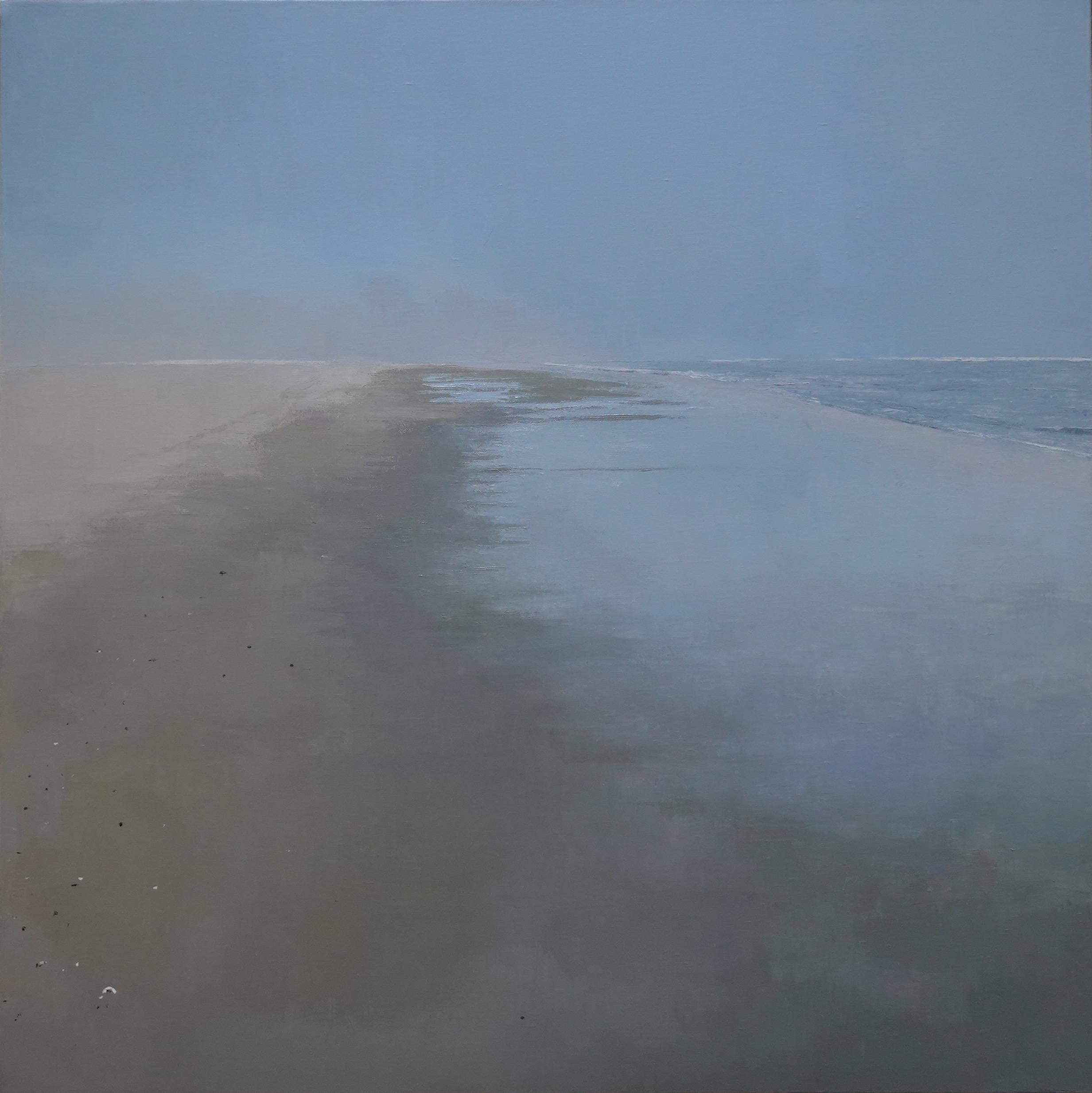 Thomas Sarrantonio Landscape Painting - Seascape with Fog, Beach, Sea, Gray, Pale Blue Sky, Foggy Beachscape, Ocean