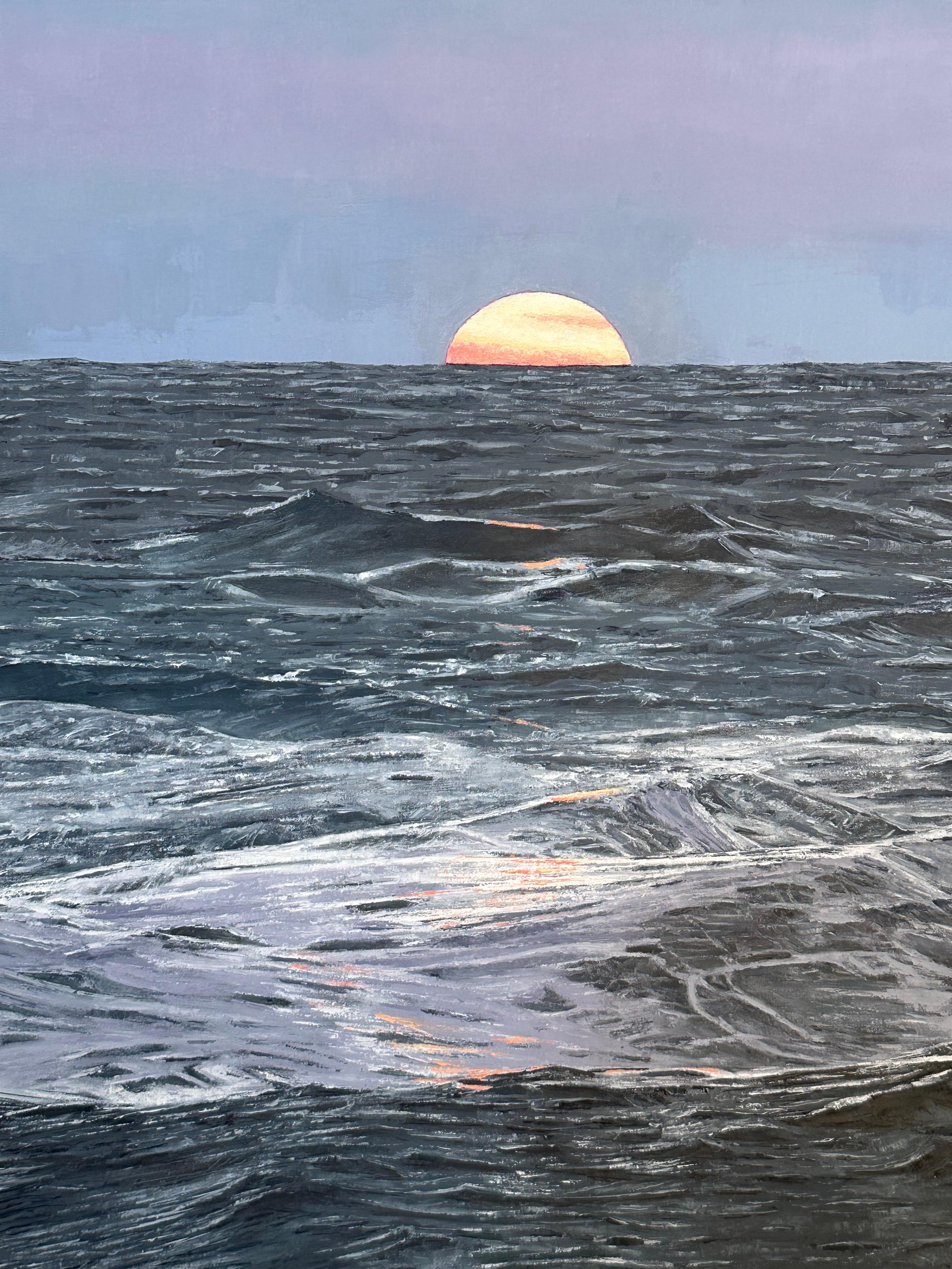 Dans cette peinture à l'huile contemporaine sur lin, une paisible vue maritime est lumineuse au petit matin, le lever du soleil se reflétant sur les vagues de l'océan. Signé, titré et daté au verso.

Les peintures de Thomas Sarrantonio cherchent à