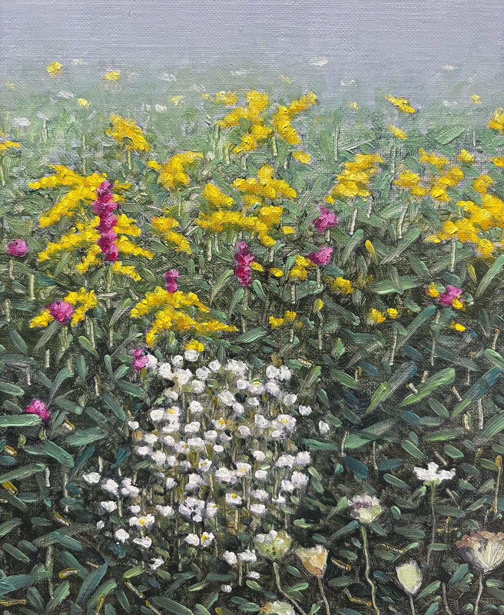 3 settembre: Pittura ad olio Plein Air di fiori selvatici estivi in campo - Landscape Painting Grigio di Thomas Sarrantonio