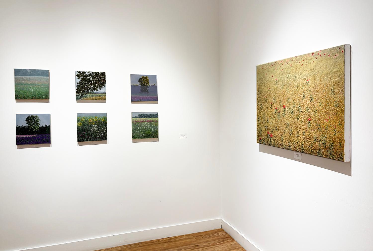 Quadro di paesaggio plein air in stile impressionista moderno su tavola con fiori di campo estivi
