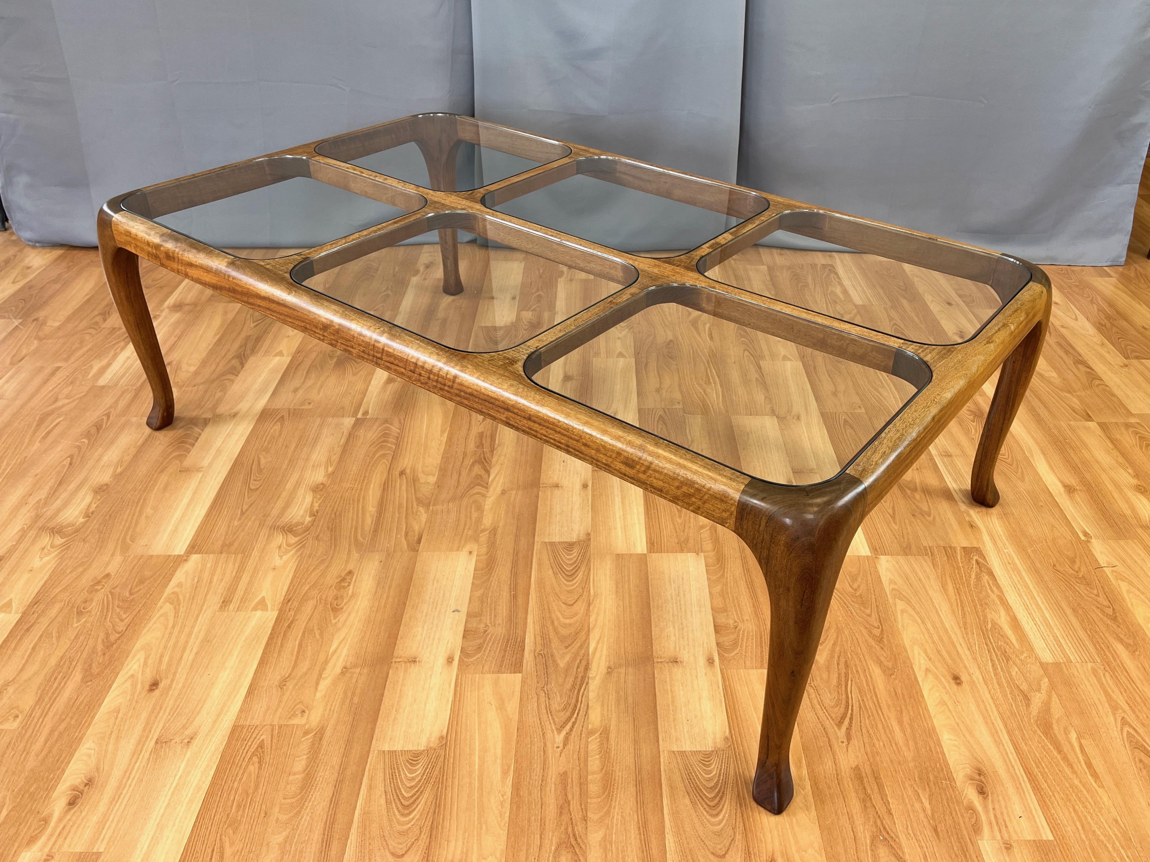 American Thomas Saydah Large Walnut and Glass Coffee Table, Signed and Dated, 1982 For Sale