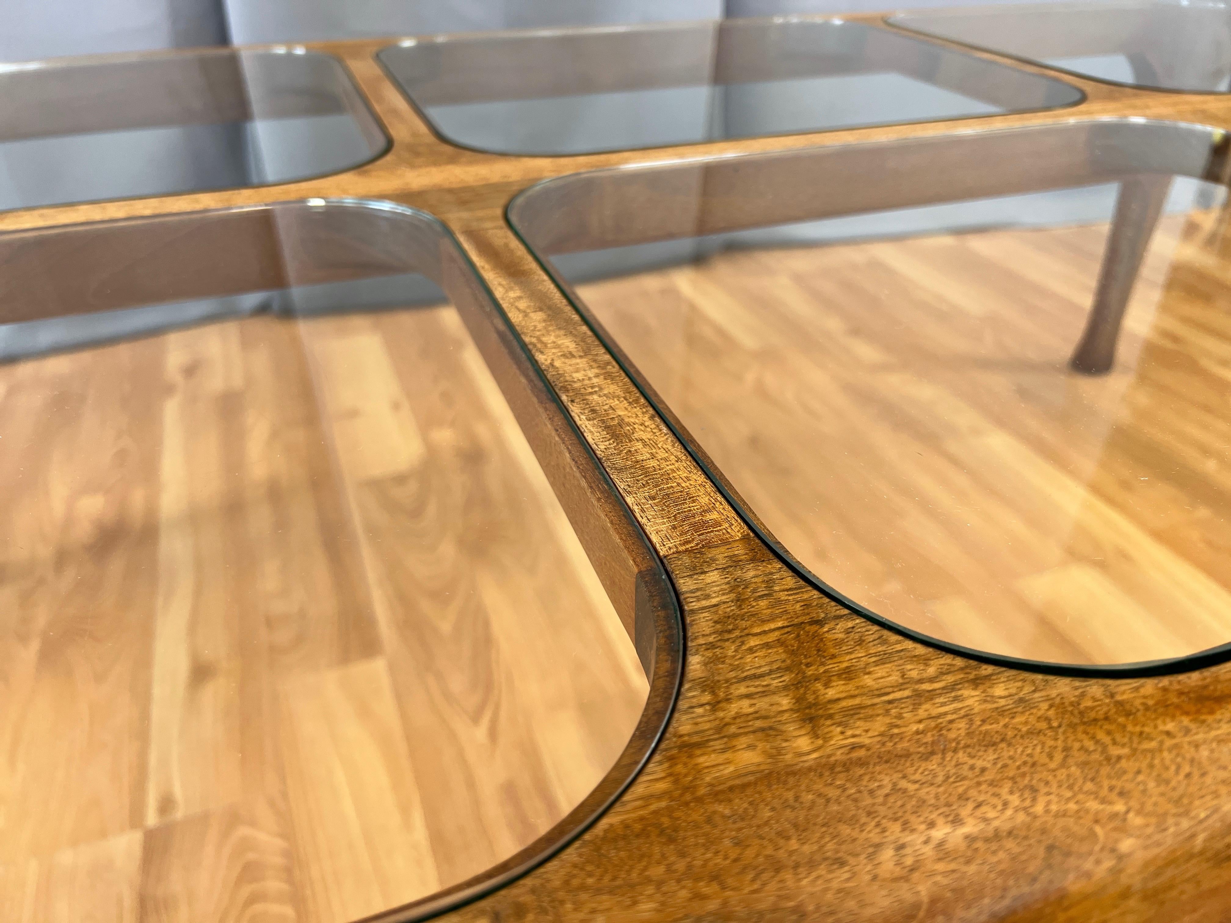 Thomas Saydah Large Walnut and Glass Coffee Table, Signed and Dated, 1982 For Sale 1