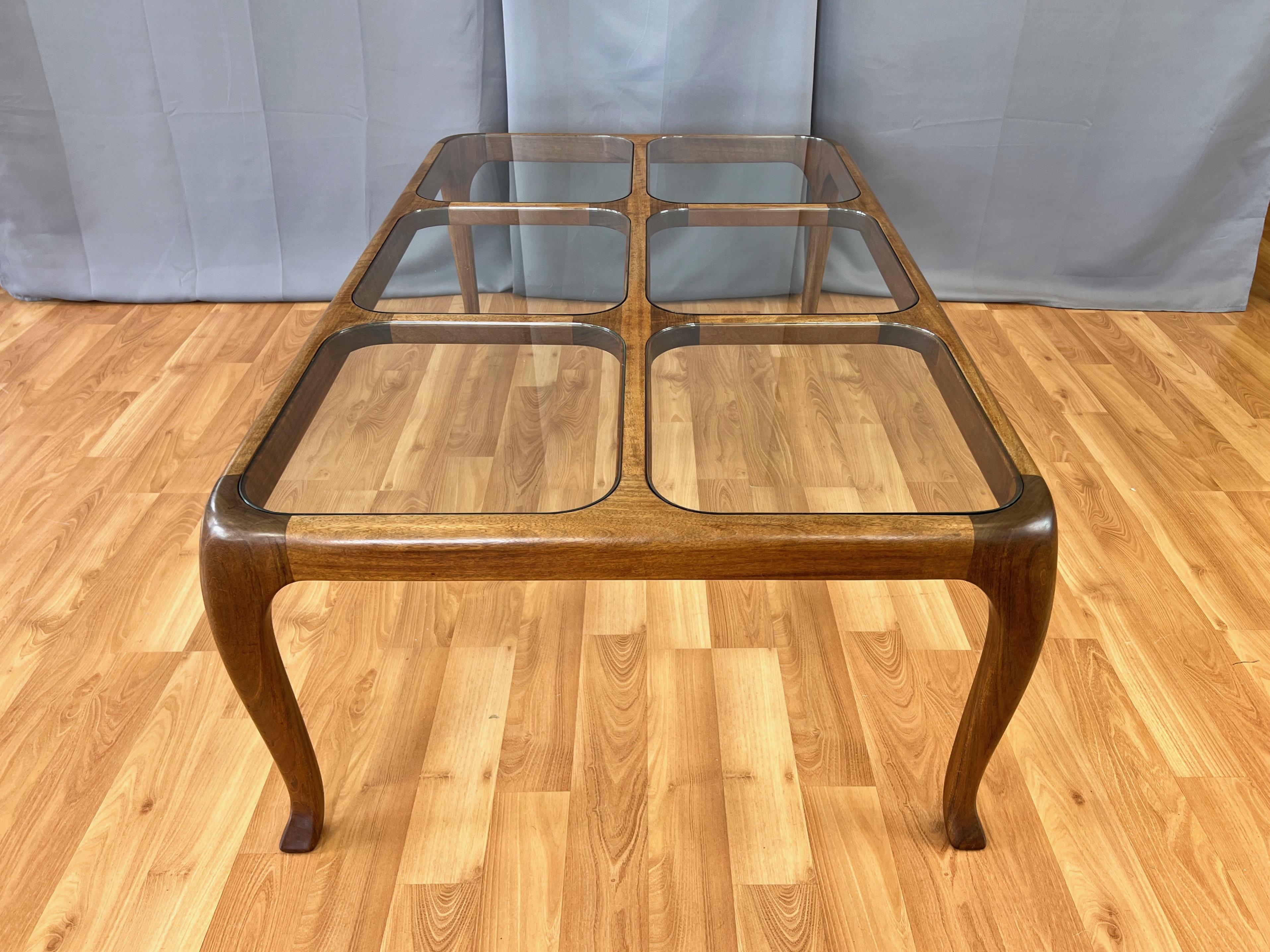 Thomas Saydah Large Walnut and Glass Coffee Table, Signed and Dated, 1982 For Sale 2