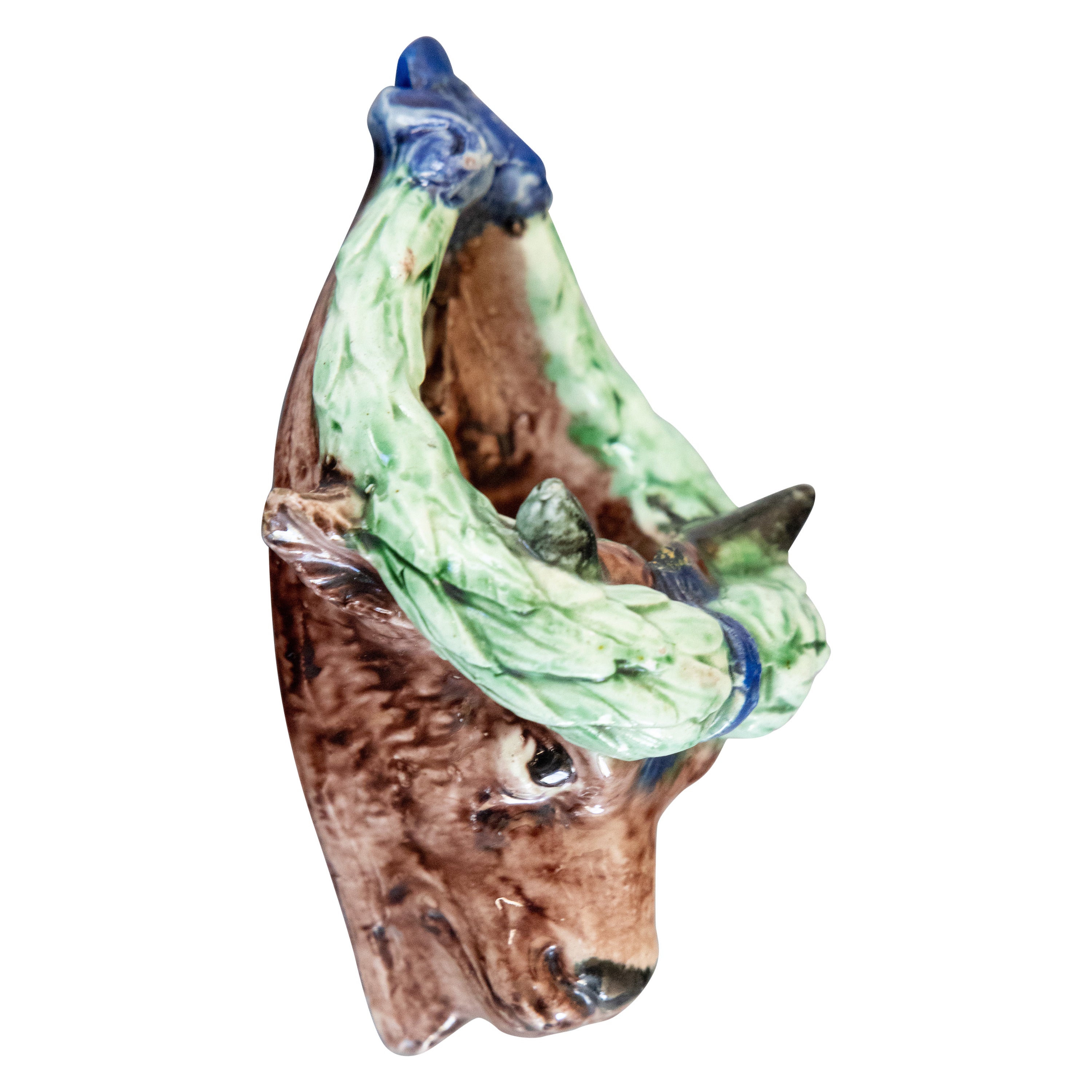 Antike Palissy Majolika-Wandtasche mit Stierkopf von Thomas Sergent im Angebot