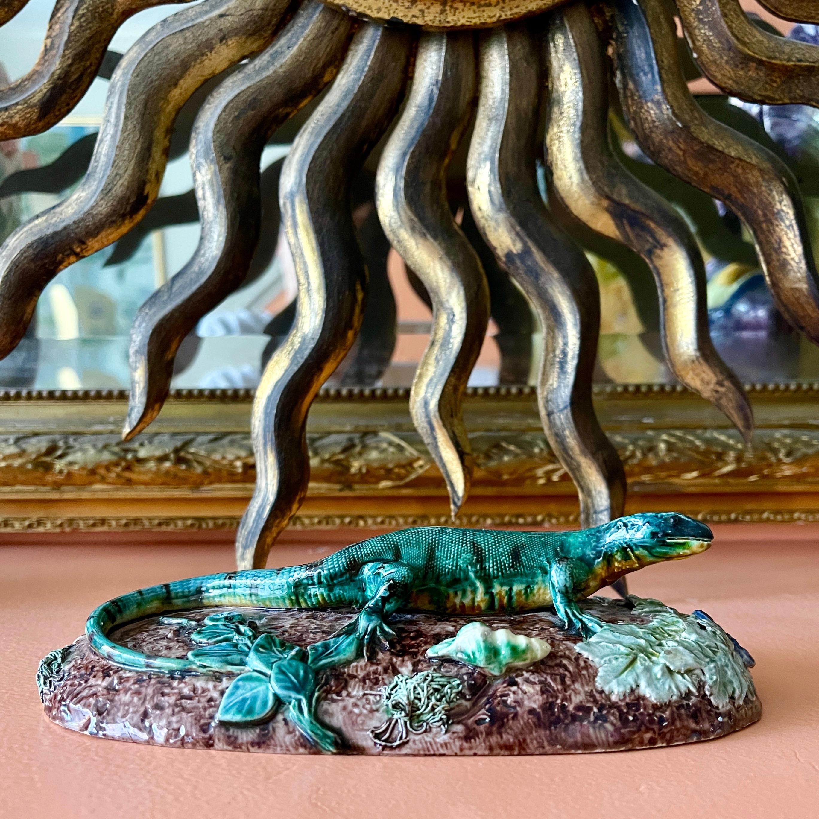 From France, a signed Palissy style majolica paperweight, a lizard on a mound, Thomas Sergent, School of Paris, circa 1875-1879.

Thomas-Victor Sergent developed an enthusiasm for creating “Palissy Ware,” a genre of nineteenth-century ceramics