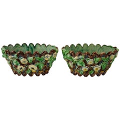 Used Thomas Sergent French Palissy Majolica Floral Jardinières or Cachepots, a Pair