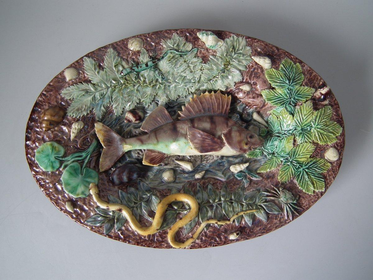 Thomas Sergent French Palissy Majolica wall platter which features a fish (a Perch), lizard, snake and seashells. The piece bears maker's marks for the Thomas Sergent pottery.