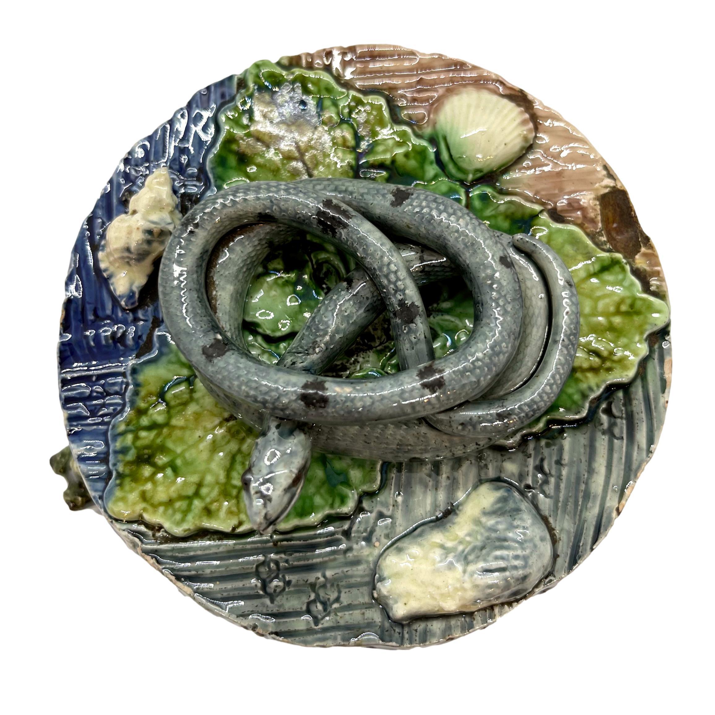 Thomas Sergent Majolica Palissy Ware Humidor with Coiled Snake on Lid, ca, 1880  2