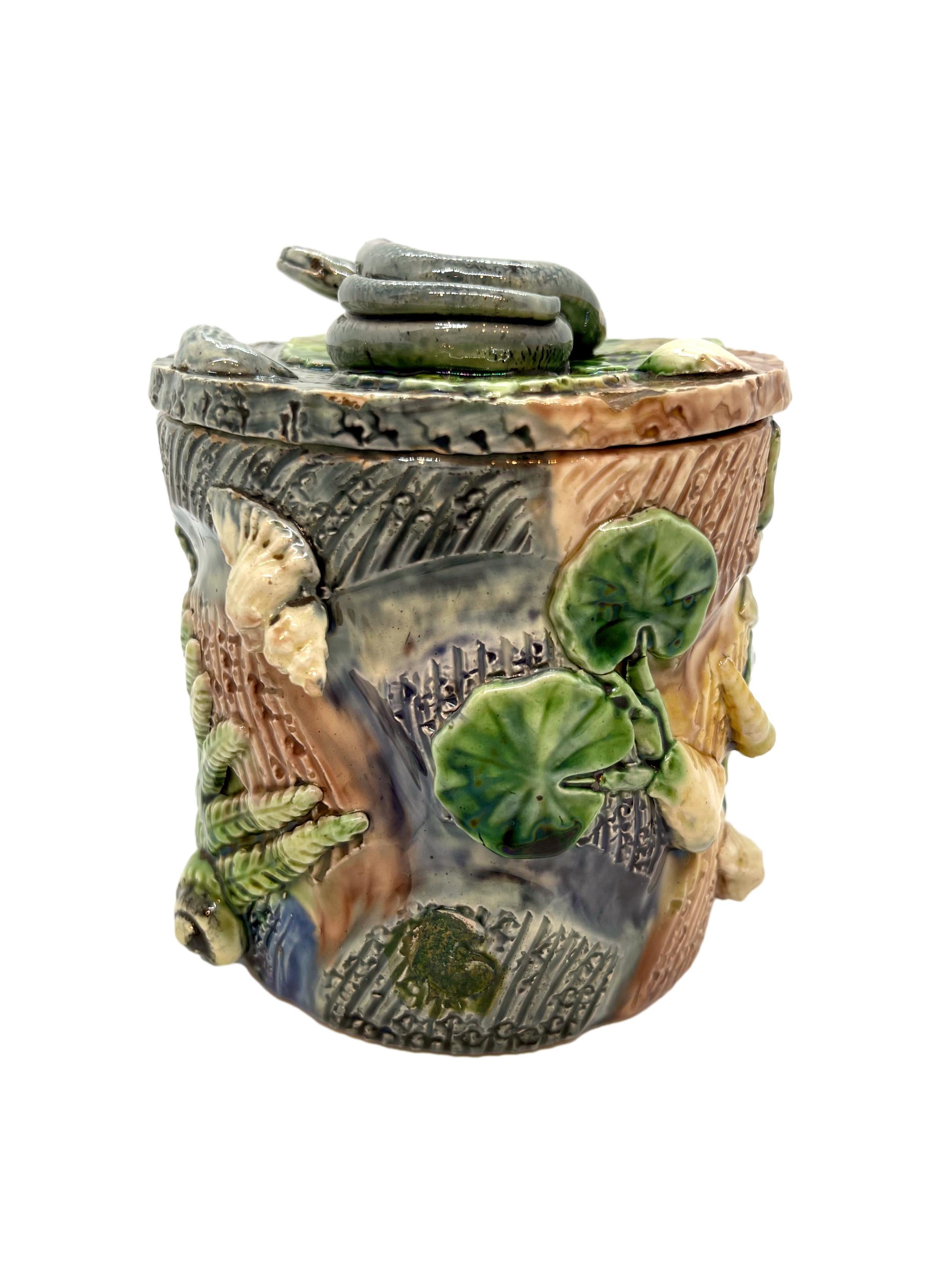 Victorian Thomas Sergent Majolica Palissy Ware Humidor with Coiled Snake on Lid, ca, 1880 