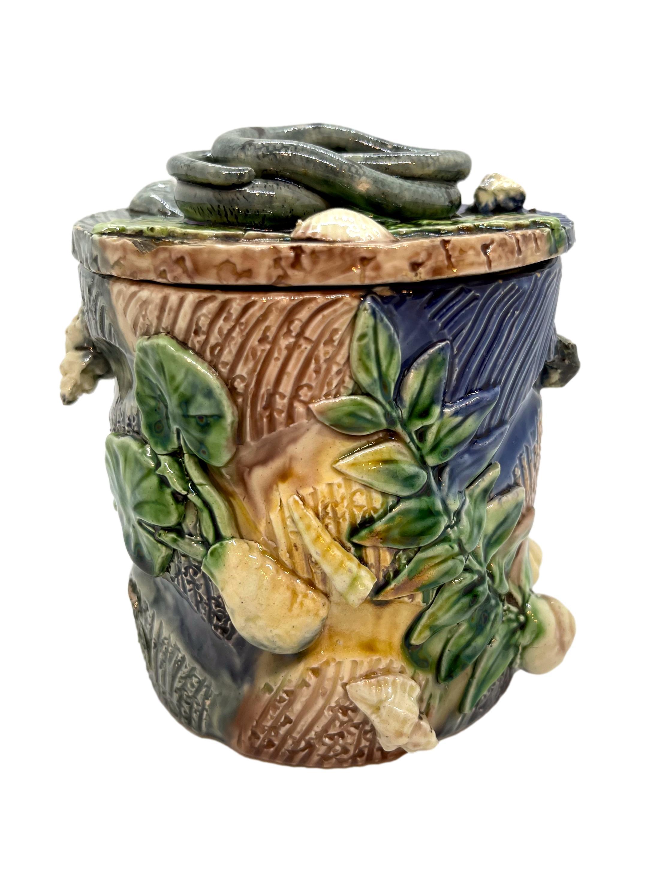 French Thomas Sergent Majolica Palissy Ware Humidor with Coiled Snake on Lid, ca, 1880 