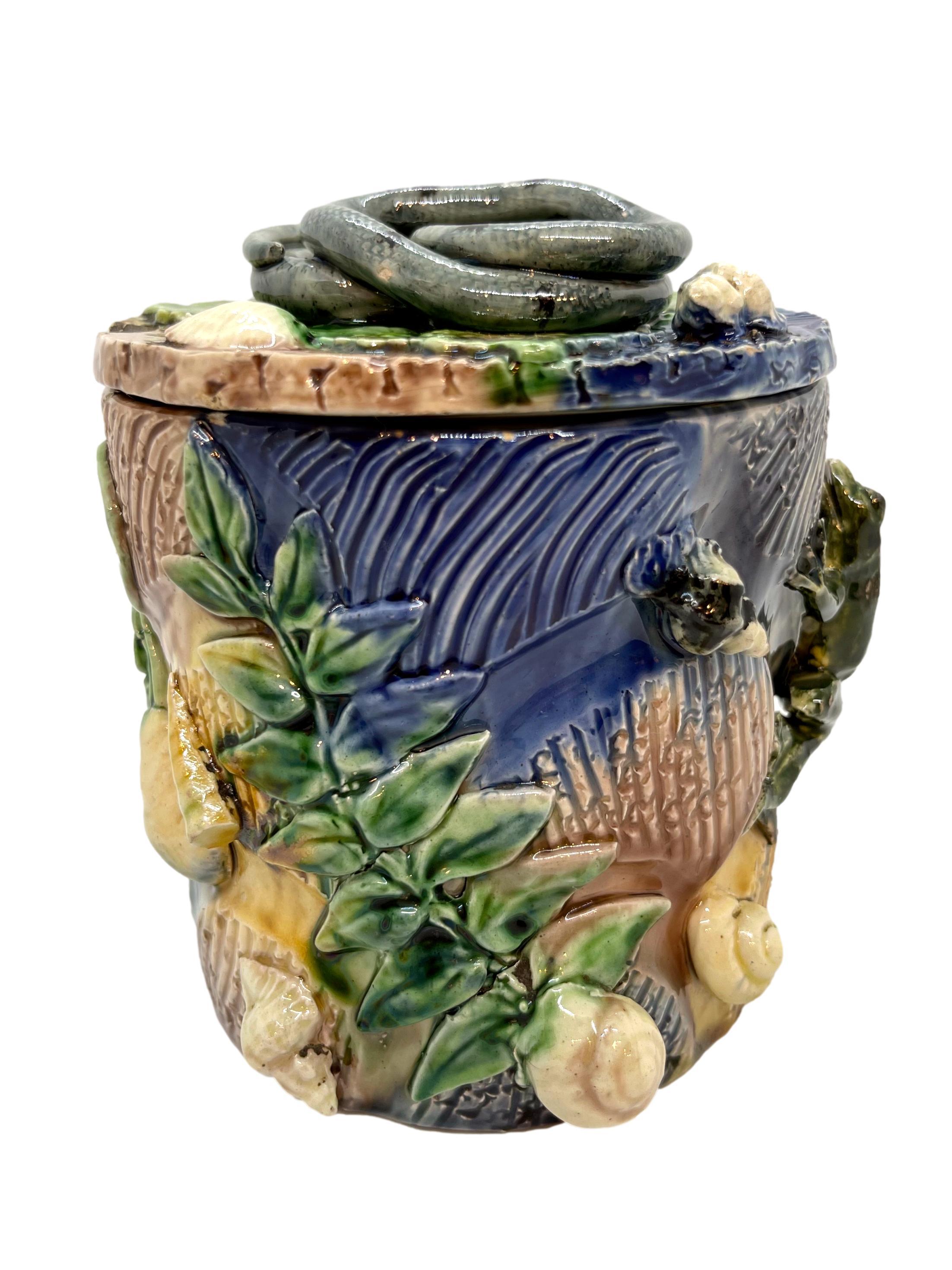 Molded Thomas Sergent Majolica Palissy Ware Humidor with Coiled Snake on Lid, ca, 1880 