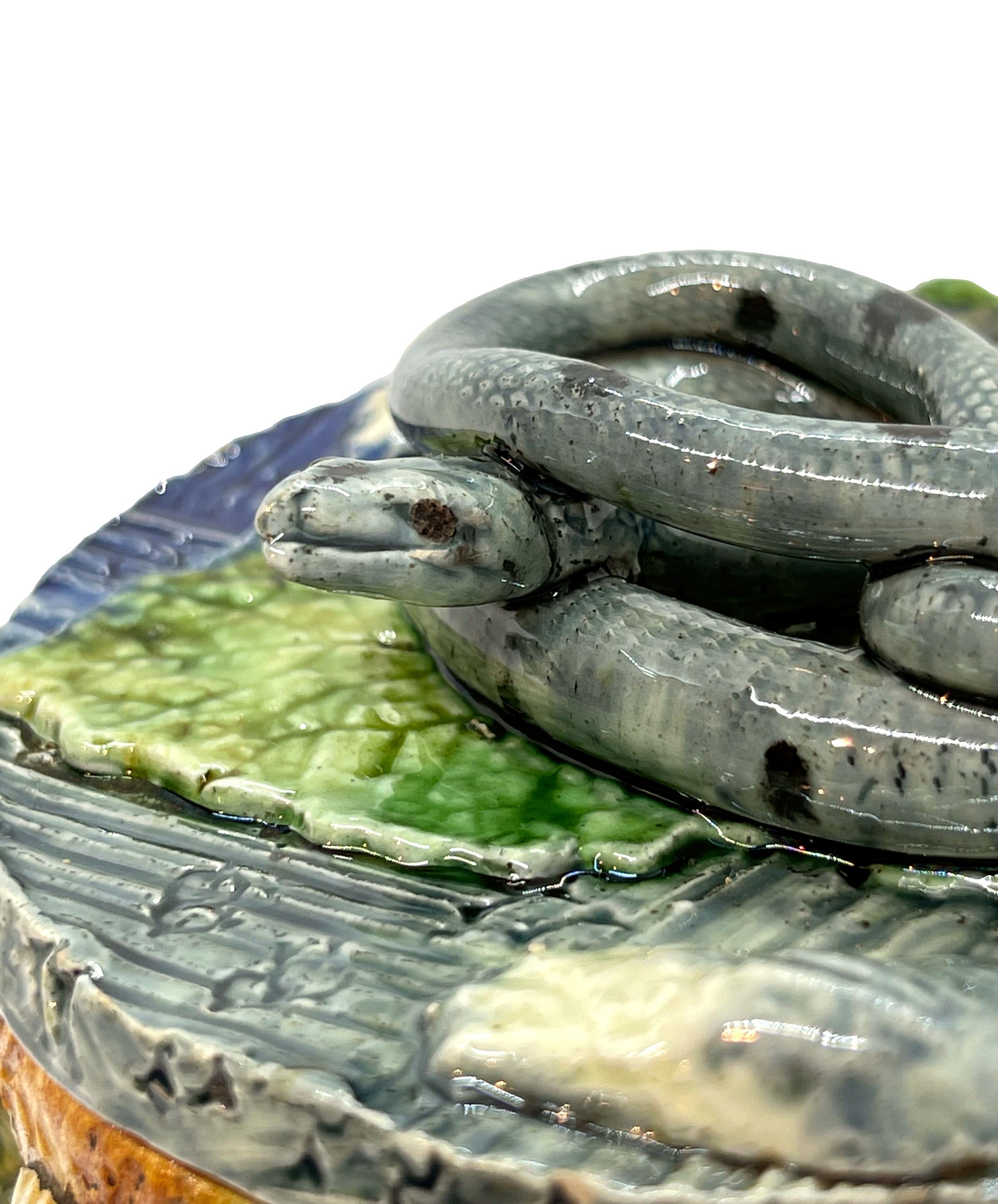 19th Century Thomas Sergent Majolica Palissy Ware Humidor with Coiled Snake on Lid, ca, 1880 