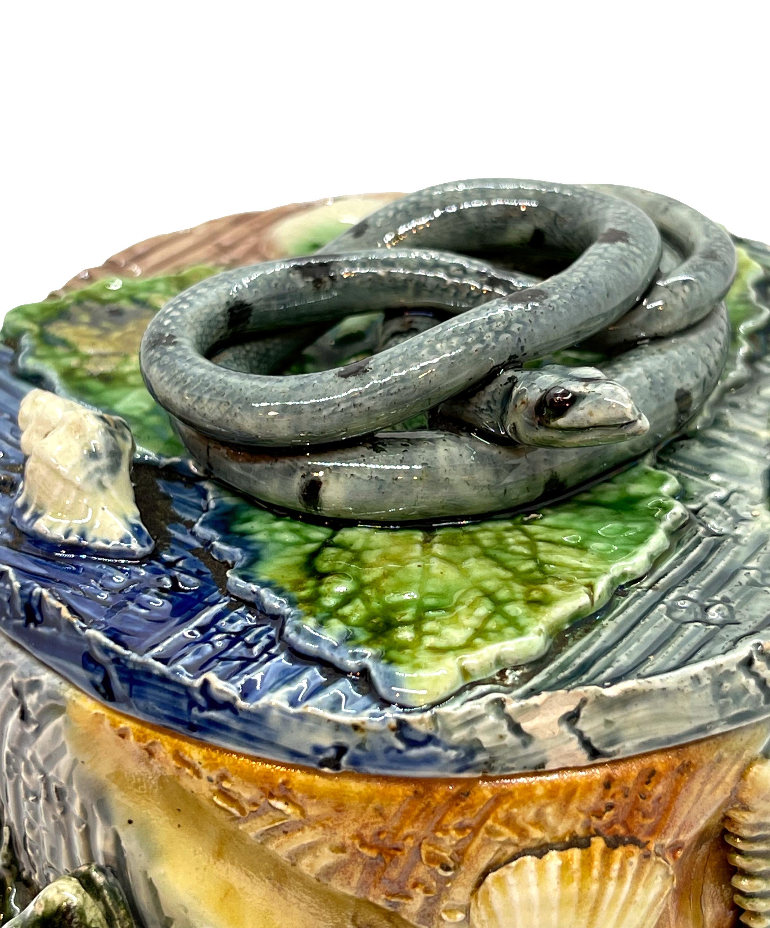 Thomas Sergent Majolica Palissy Ware Humidor with Coiled Snake on Lid, ca, 1880  1
