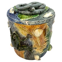 Thomas Sergent Majolica Palissy Ware Humidor with Coiled Snake on Lid, ca, 1880 