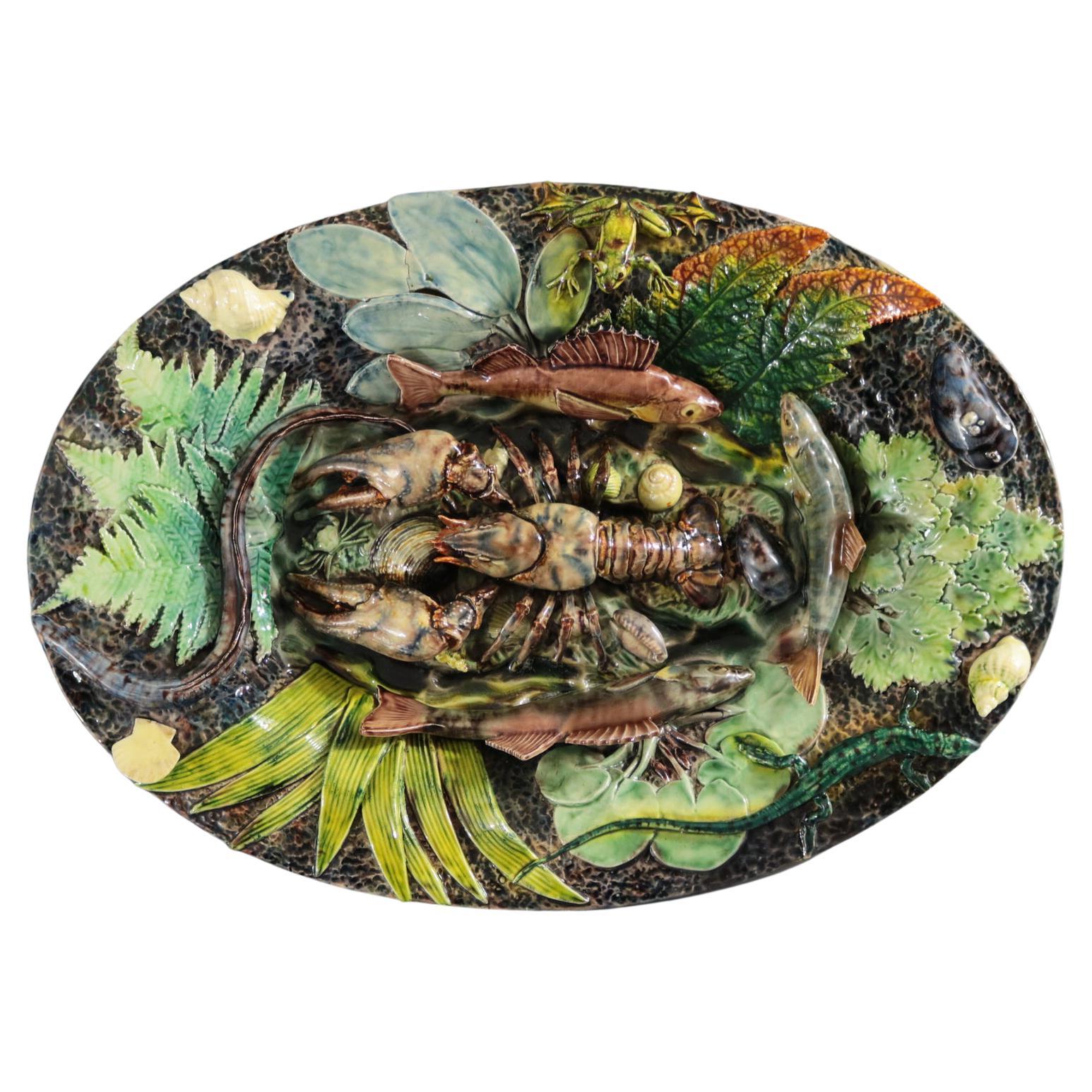 Thomas Sergent Palissy Majolica Crayfish and Fish Wall Platter