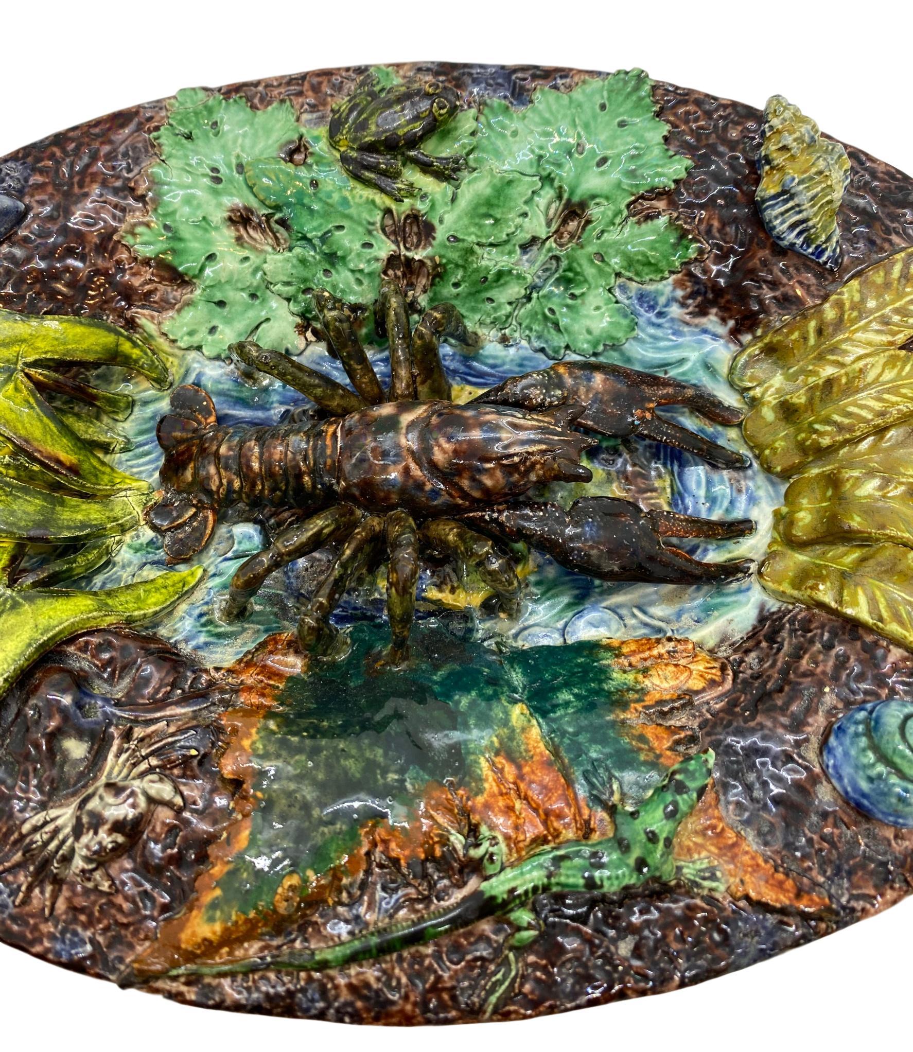 Thomas Sergent Palissy Ware Majolica Trompe L'oeil lobster plaque, Paris, circa 1875.
Thomas-Victor Sergent, (French, 1830-1890.) Sergent was an important member of the School of Paris; he established his studio and shop, located at 106 avenue