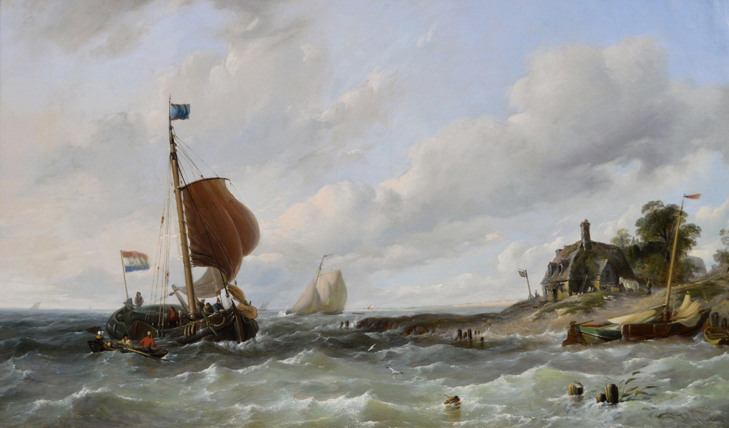 Peinture à l'huile de paysage marin du XIXe siècle représentant des navires au large de la côte néerlandaise  - Painting de Thomas Sewell Robins