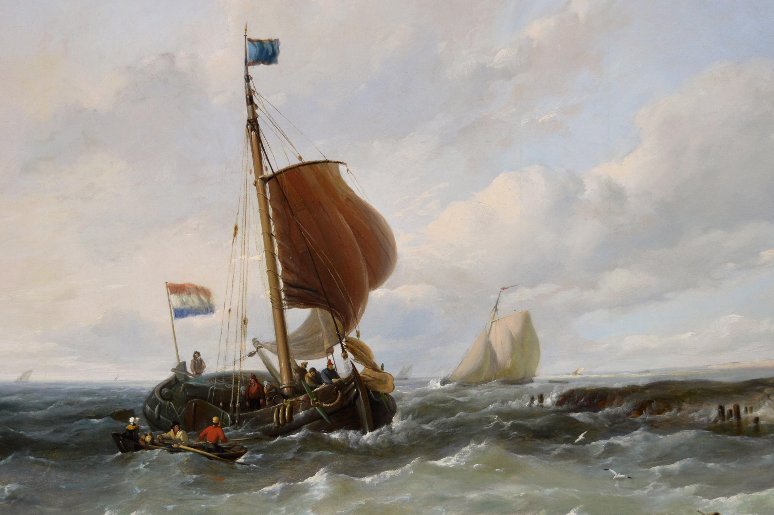 Peinture à l'huile de paysage marin du XIXe siècle représentant des navires au large de la côte néerlandaise  - Victorien Painting par Thomas Sewell Robins