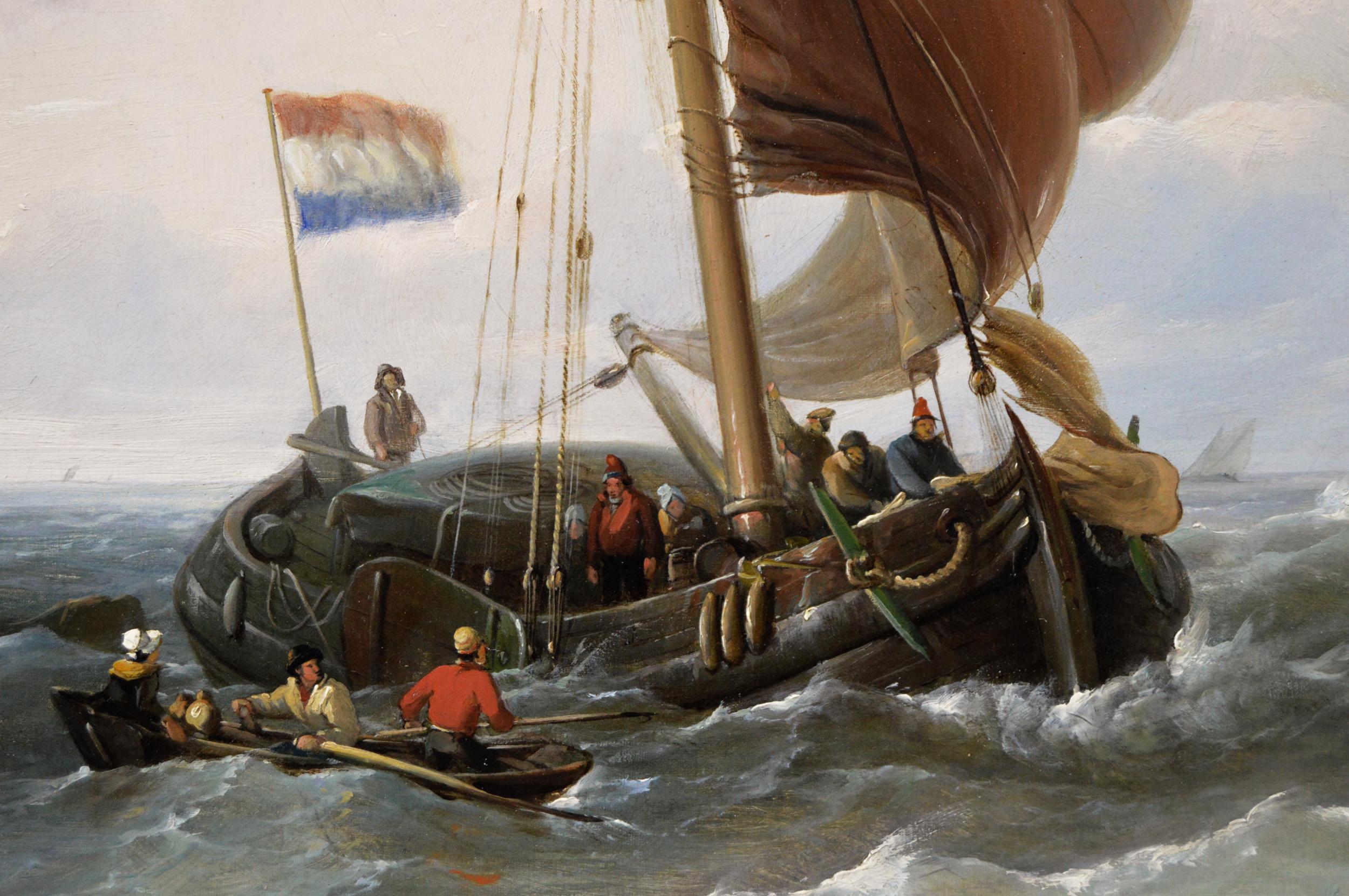 Peinture à l'huile de paysage marin du XIXe siècle représentant des navires au large de la côte néerlandaise  - Marron Landscape Painting par Thomas Sewell Robins
