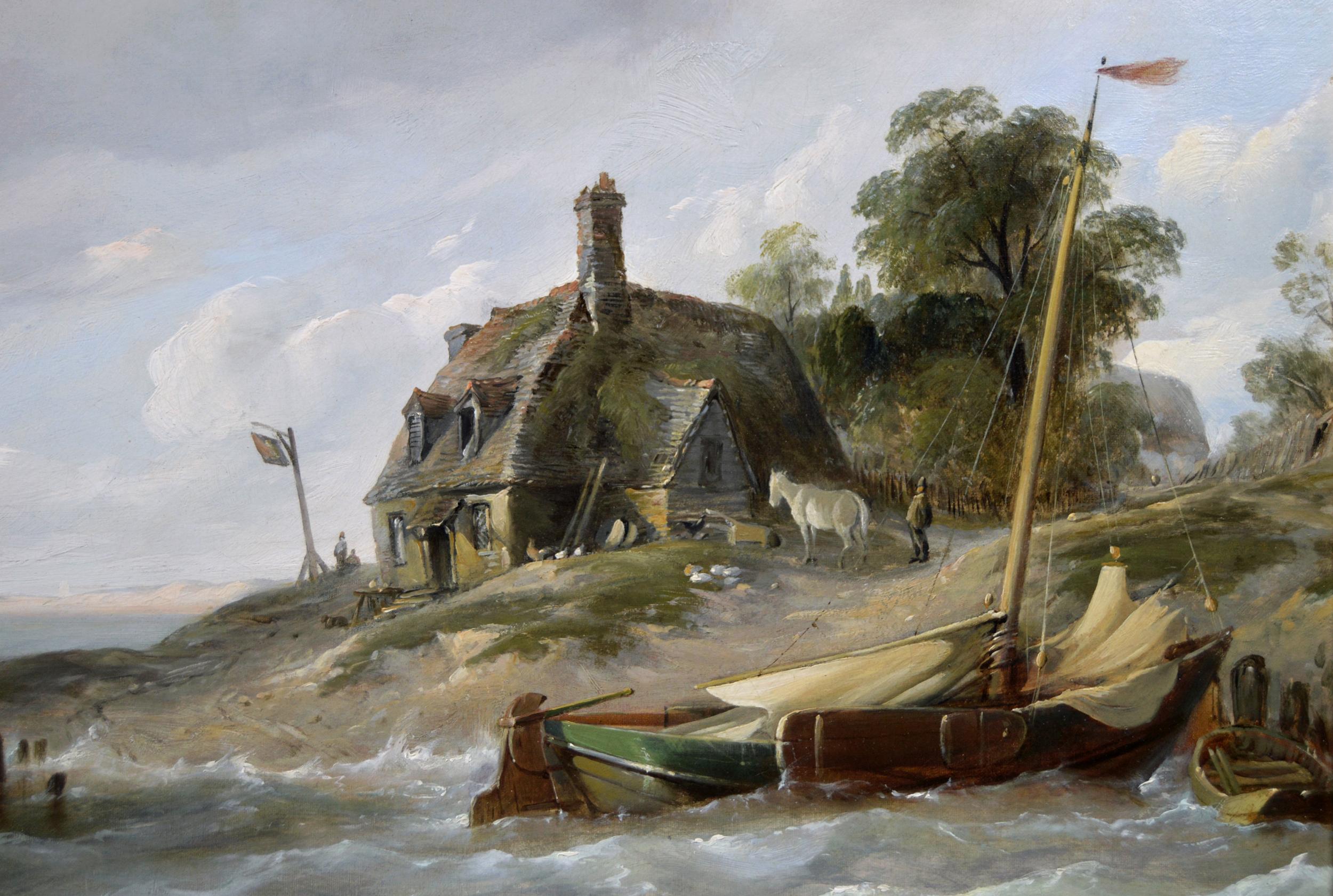 Peinture à l'huile de paysage marin du XIXe siècle représentant des navires au large de la côte néerlandaise  en vente 1