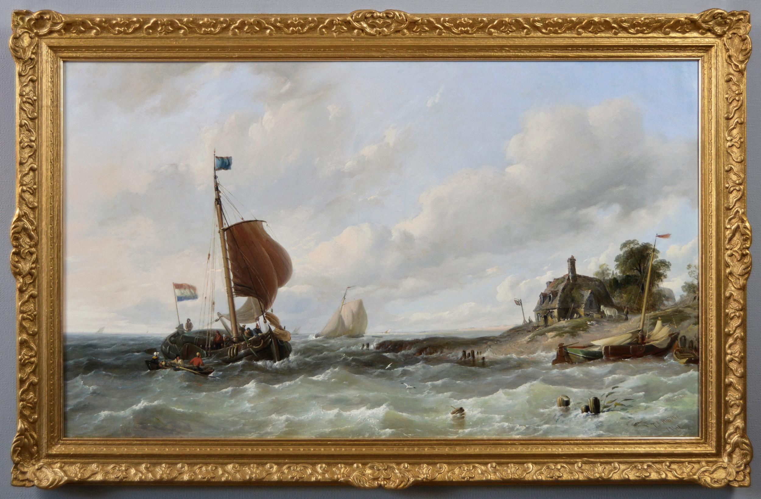 Landscape Painting Thomas Sewell Robins - Peinture à l'huile de paysage marin du XIXe siècle représentant des navires au large de la côte néerlandaise 