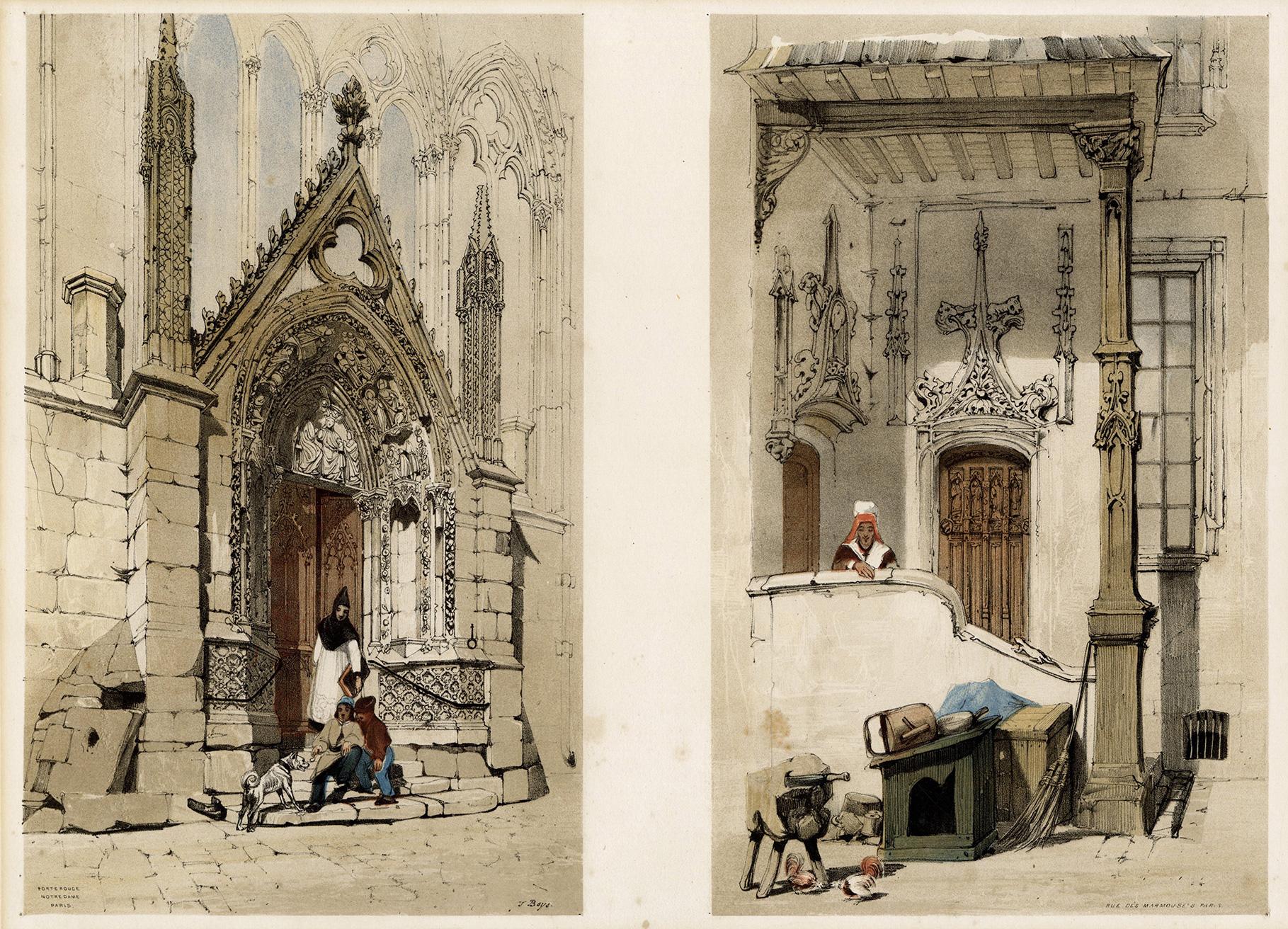 Thomas Shotter Boys Landscape Print – Paris: Porte Rouge Notre Dame & Rue des Marmousets