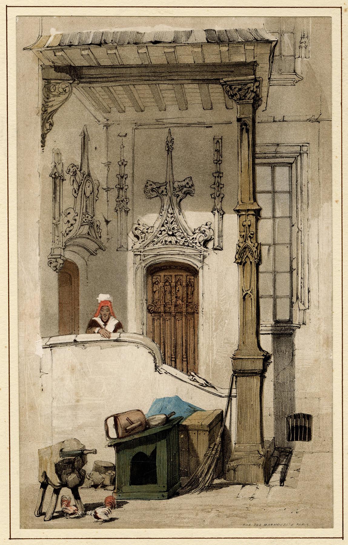 Thomas Shotter Boys Figurative Print - Rue de Marmousets, Paris; From Picturesque Architecture in Paris, Ghent, ....