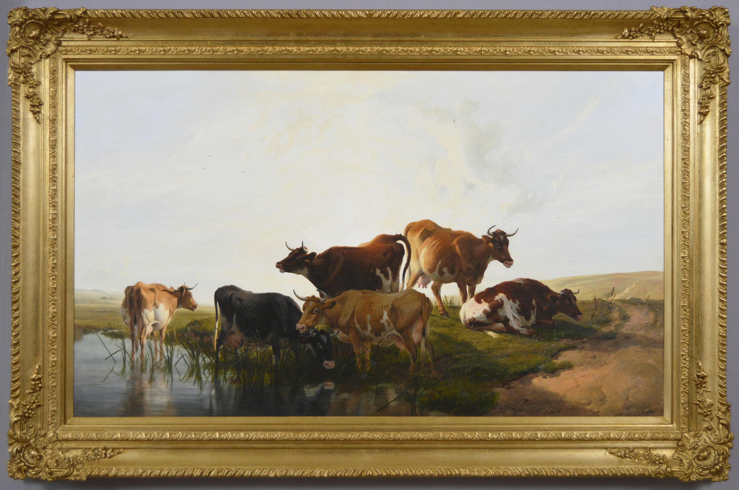 19th Century landscape oil painting of cattle at a river 
