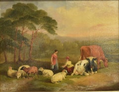 Antique Victorian Oil Painting Tranquil Pasture Scene Cattle Sheep Golden Light