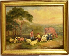 Peinture à l'huile victorienne ancienne Scène de pâturage tranquille Bovins Moutons Lumière dorée