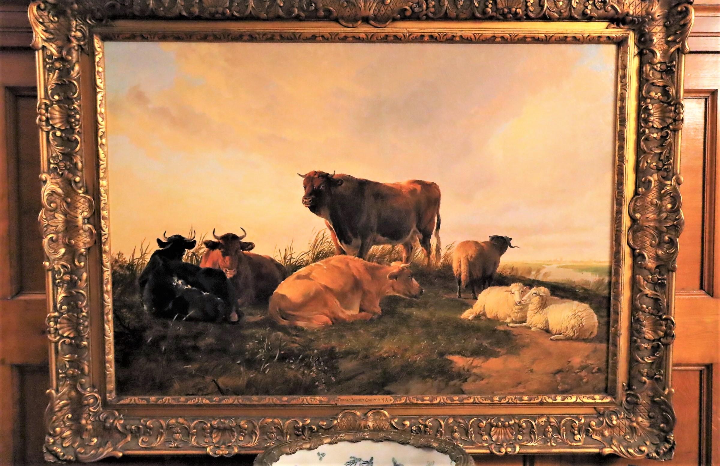 Bull, three cows and two sheep on a grassy hummock 1853 - Painting by Thomas Sidney Cooper