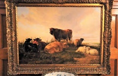 Antique Bull, three cows and two sheep on a grassy hummock 1853
