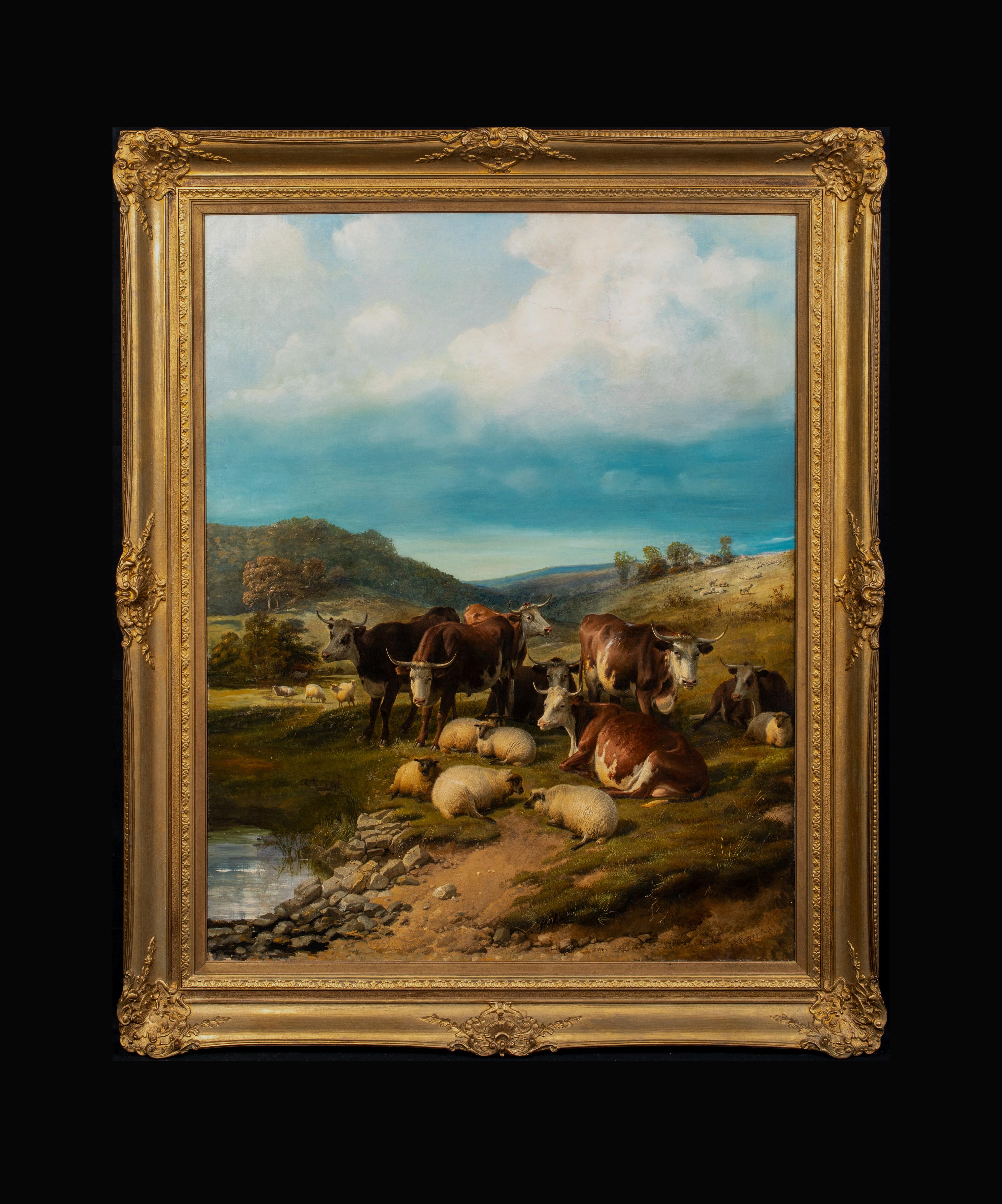 Bovini e pecore che riposano vicino all'acqua, XIX secolo - Painting di Thomas Sidney Cooper