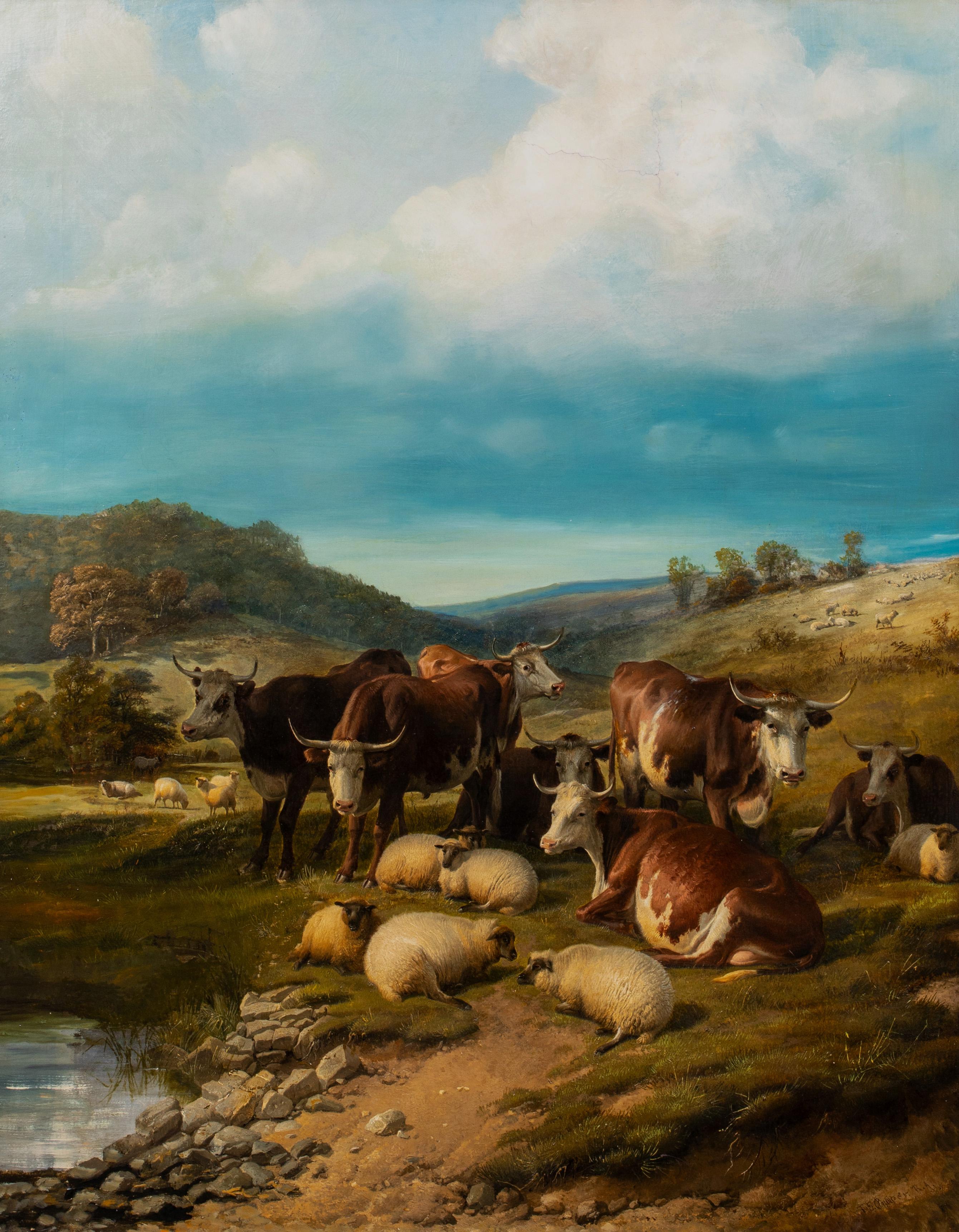 Bovini e pecore che riposano vicino all'acqua, XIX secolo - Landscape Painting Marrone di Thomas Sidney Cooper