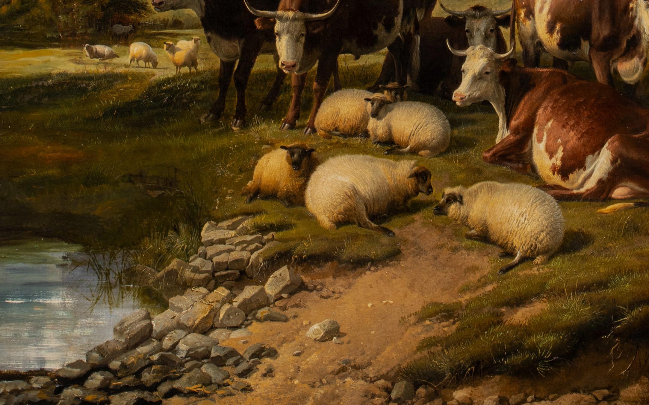 Cattle And Sheep Resting By The Water, 19th Century - Brown Landscape Painting by Thomas Sidney Cooper