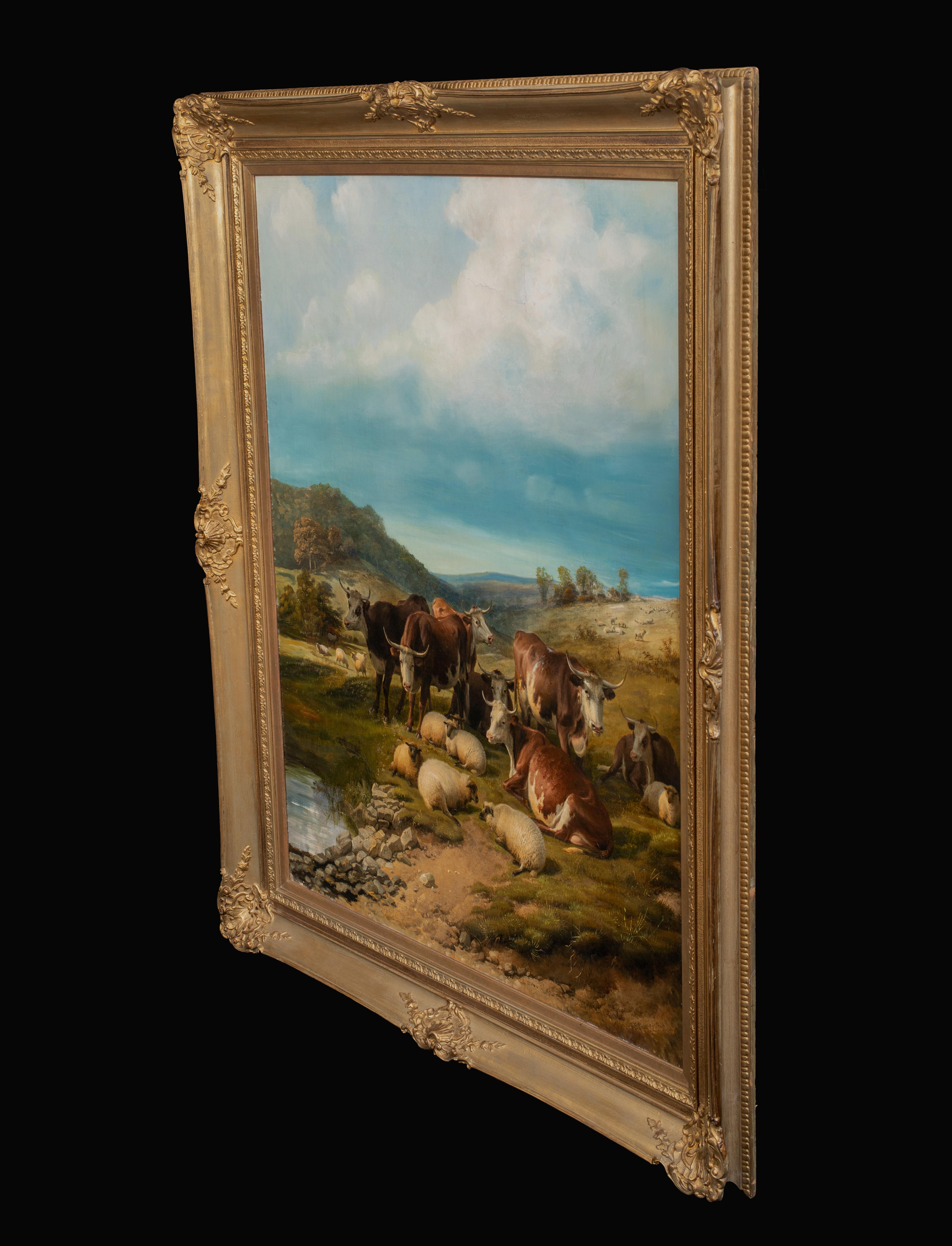 Cattle And Sheep Resting By The Water, 19th Century For Sale 1