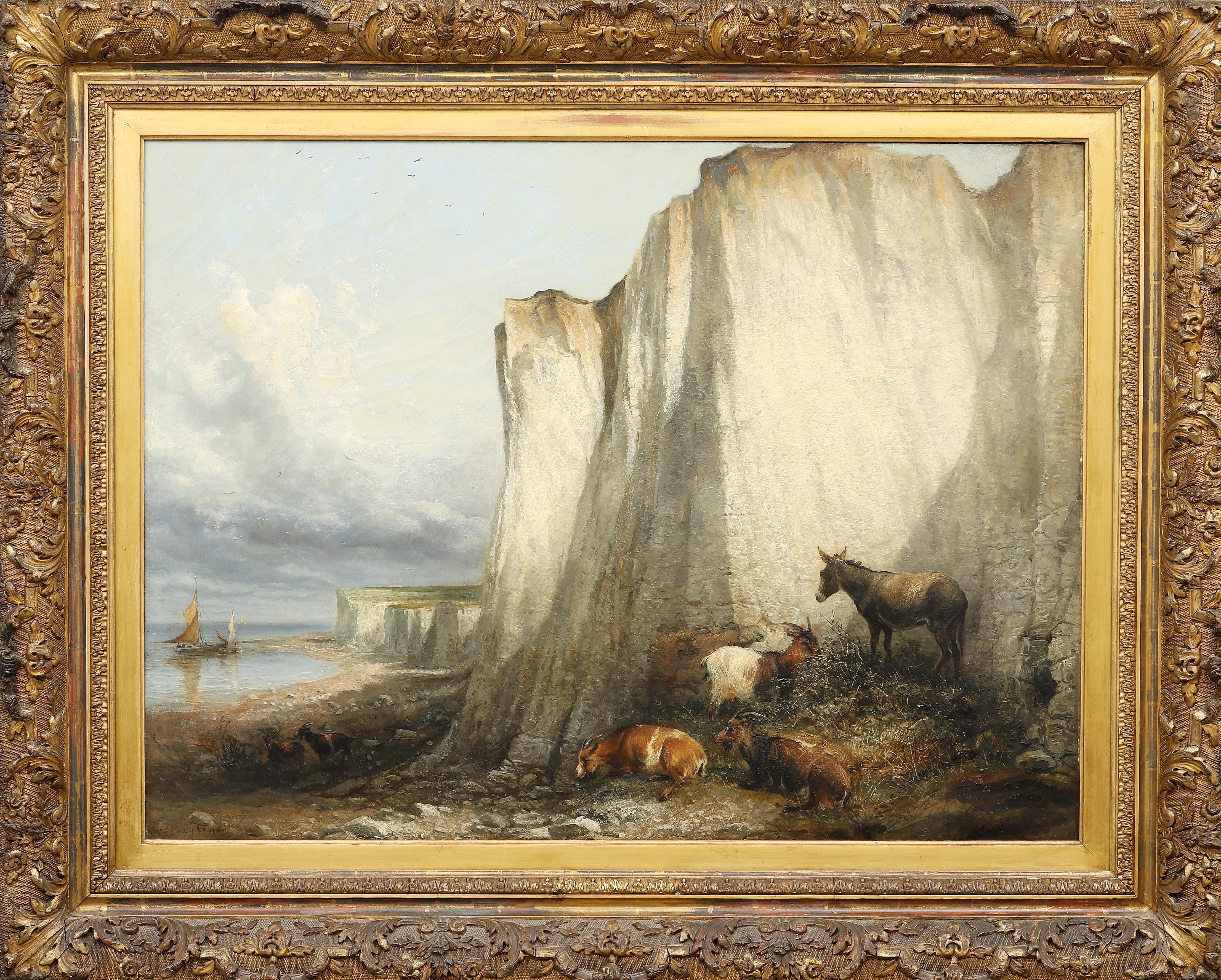 Thomas Sidney Cooper Landscape Painting - Oil on canvas : Cattle near the cliffs of Herne Bay KENT by Thomas Syndey Cooper
