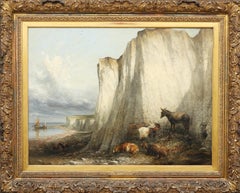 Antique Oil on canvas : Cattle near the cliffs of Herne Bay KENT by Thomas Syndey Cooper