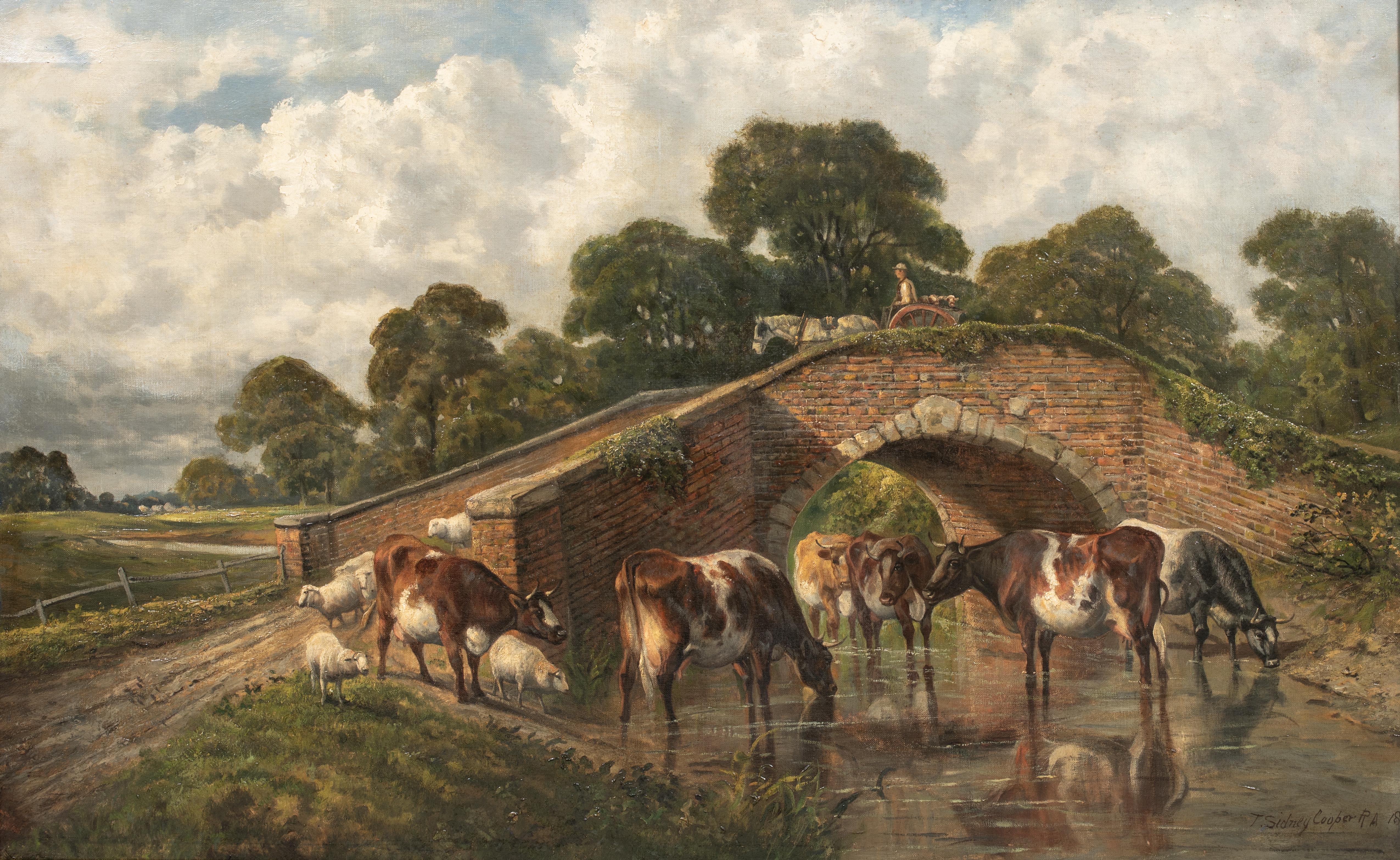 Bétail s'abreuvant au ruisseau, 19e siècle   par THOMAS SIDNEY COOPER (1803-1902) - Painting de Thomas Sidney Cooper