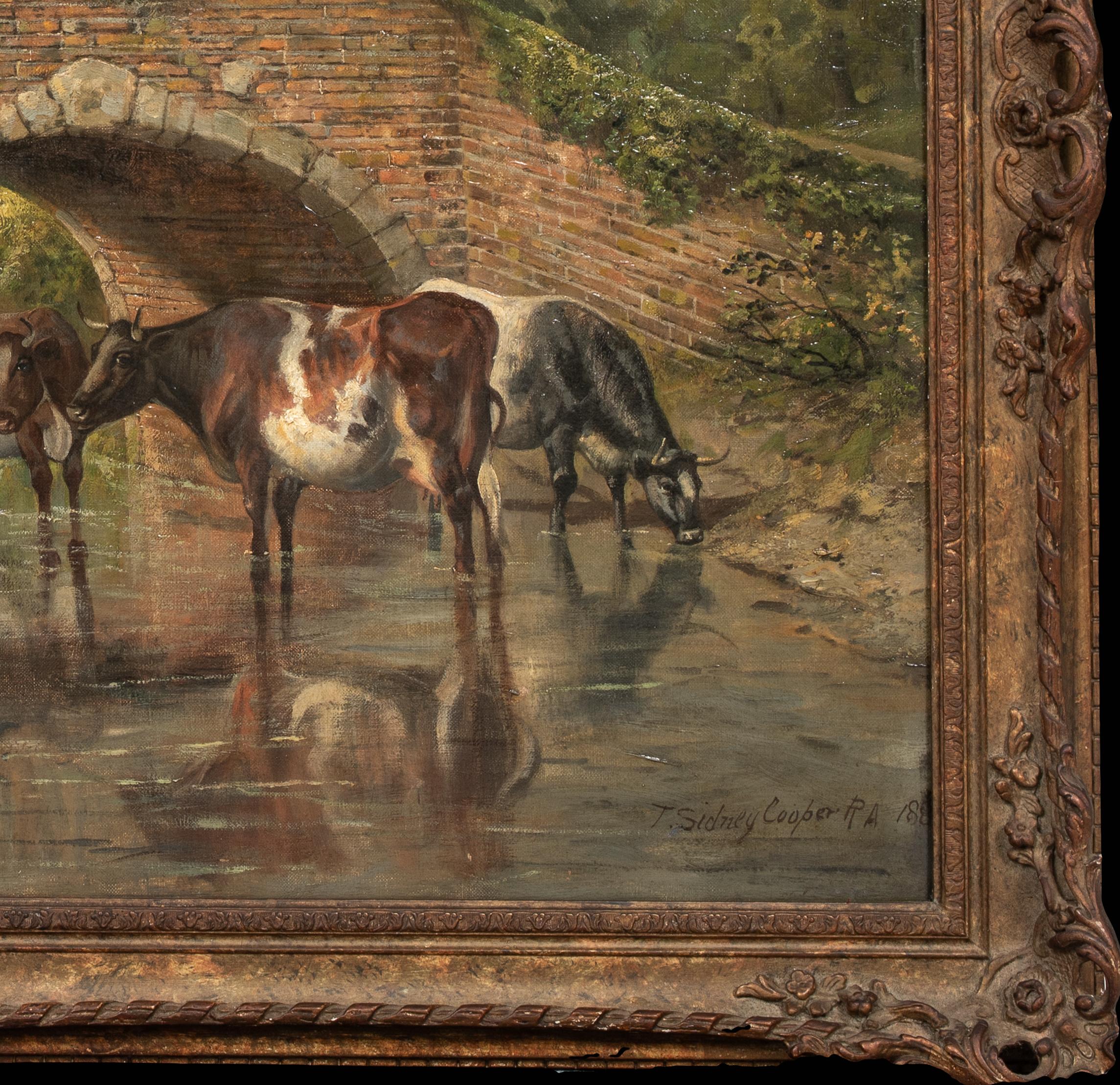Bétail s'abreuvant au ruisseau, 19e siècle 

par THOMAS SIDNEY COOPER (1803-1902) 

Grand paysage anglais du XIXe siècle avec du bétail s'abreuvant au bord d'un ruisseau avec un pont au-delà, huile sur toile de Thomas Sidney Cooper. Exemple