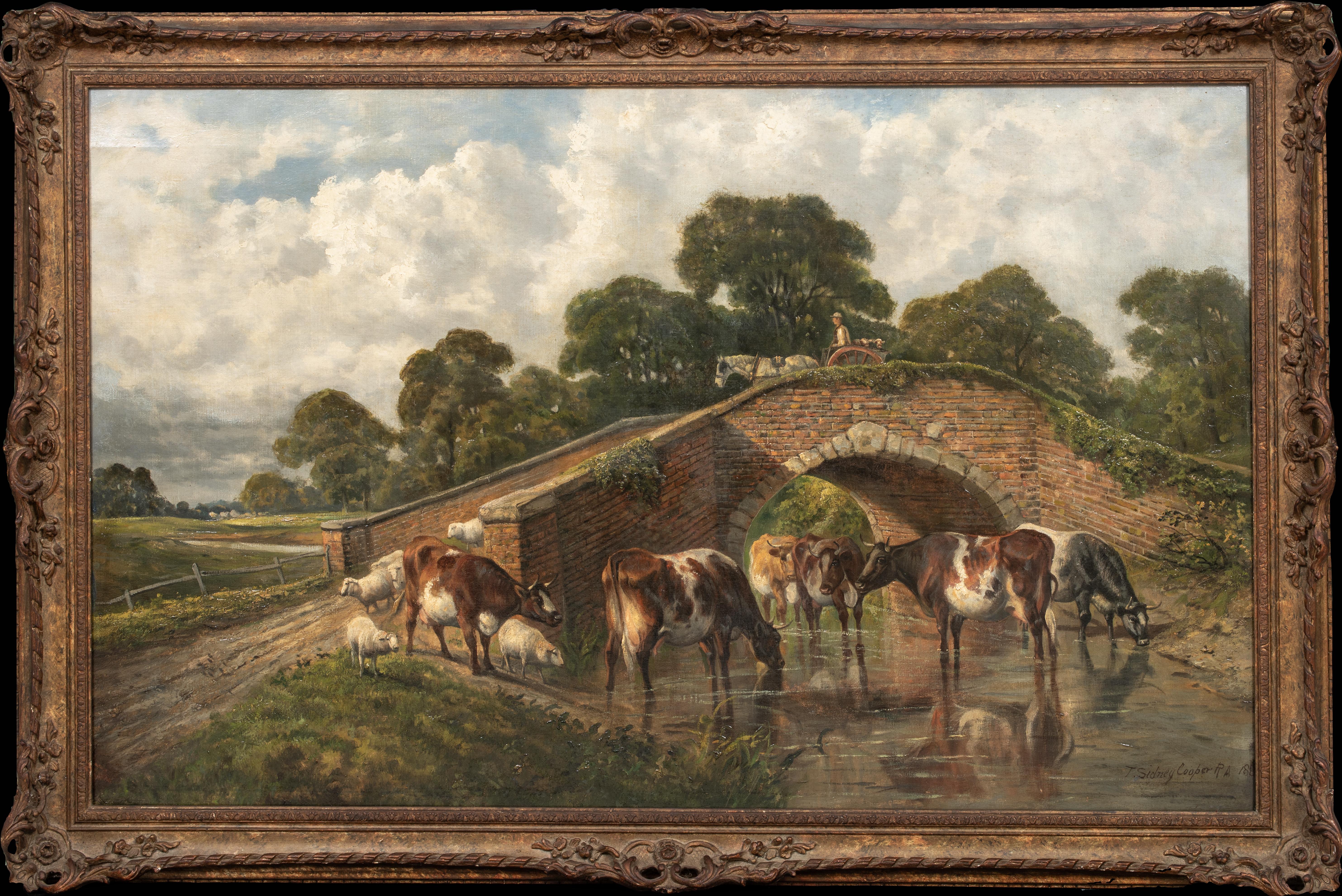 Animal Painting Thomas Sidney Cooper - Bétail s'abreuvant au ruisseau, 19e siècle   par THOMAS SIDNEY COOPER (1803-1902)