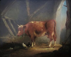 Vaca y gallinas en el establo /// Thomas Sidney Cooper Pintura británica de animales de granja