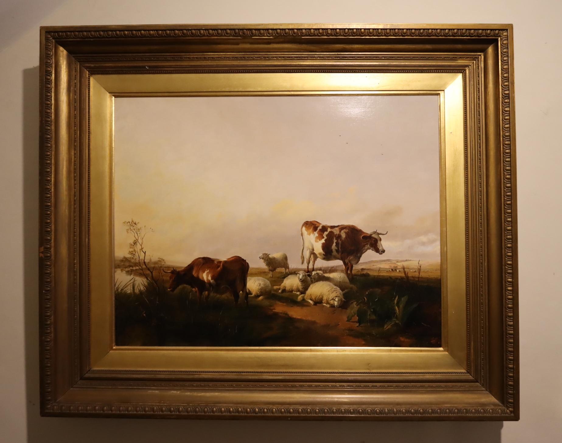 Mid Period Thomas Sidney Cooper, Landscape with Cows & Sheep by a river.
Signed & Dated bottom middle 1865.
Canvas 34 1/2 x 26 1/2 inches.
Framed 48 x 40 inches.
Oil on Canvas.

This is s wonderful painting by Thomas Sidney Cooper and of a brilliant