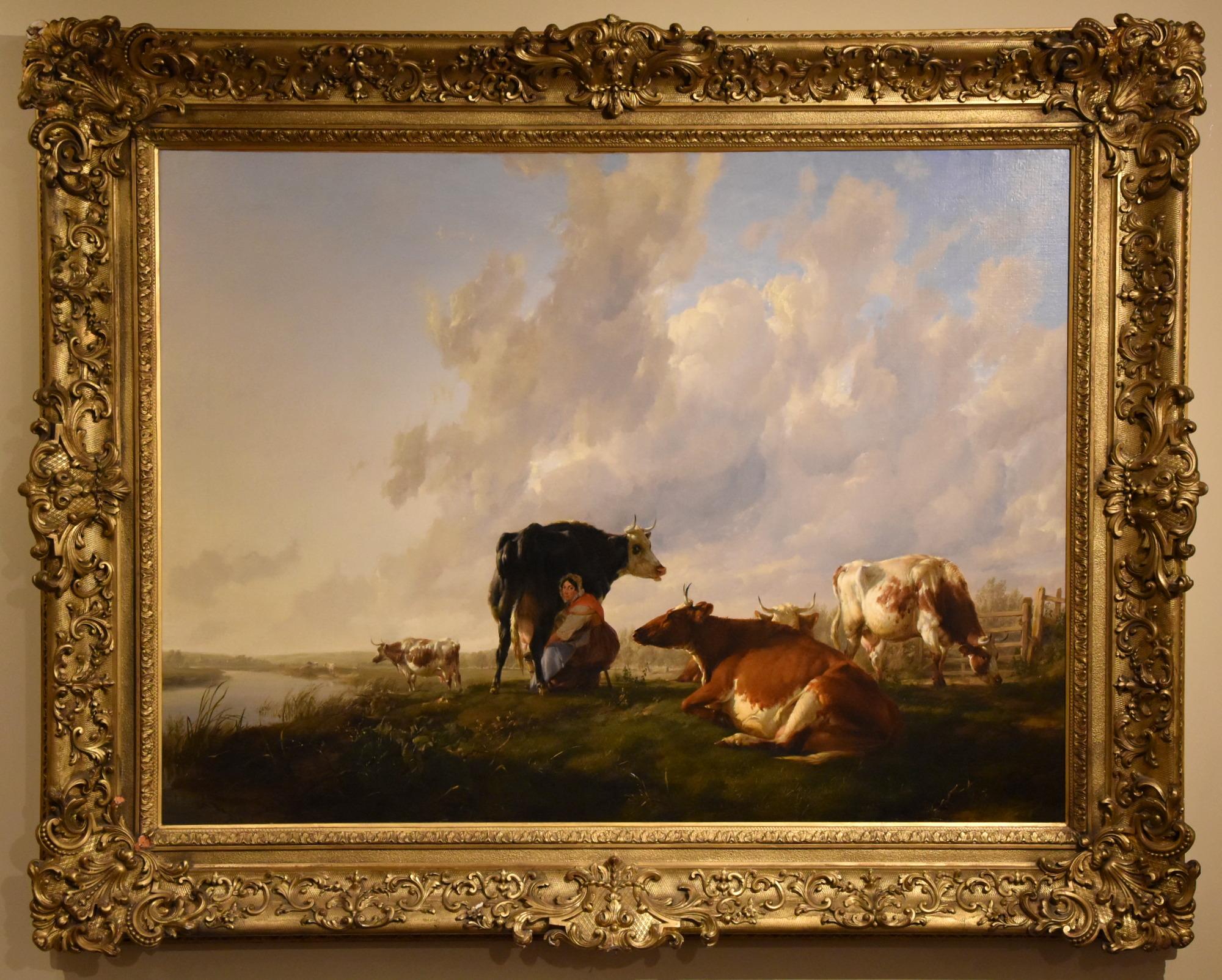 Pintura al óleo de Thomas Sidney Cooper R.A "La lechera" 1803 - 1902 Alumno de las Escuelas de la Real Academia, donde se convertiría en el miembro que más tiempo expuso. El pintor pastoril preeminente de la época victoriana. Óleo sobre lienzo.