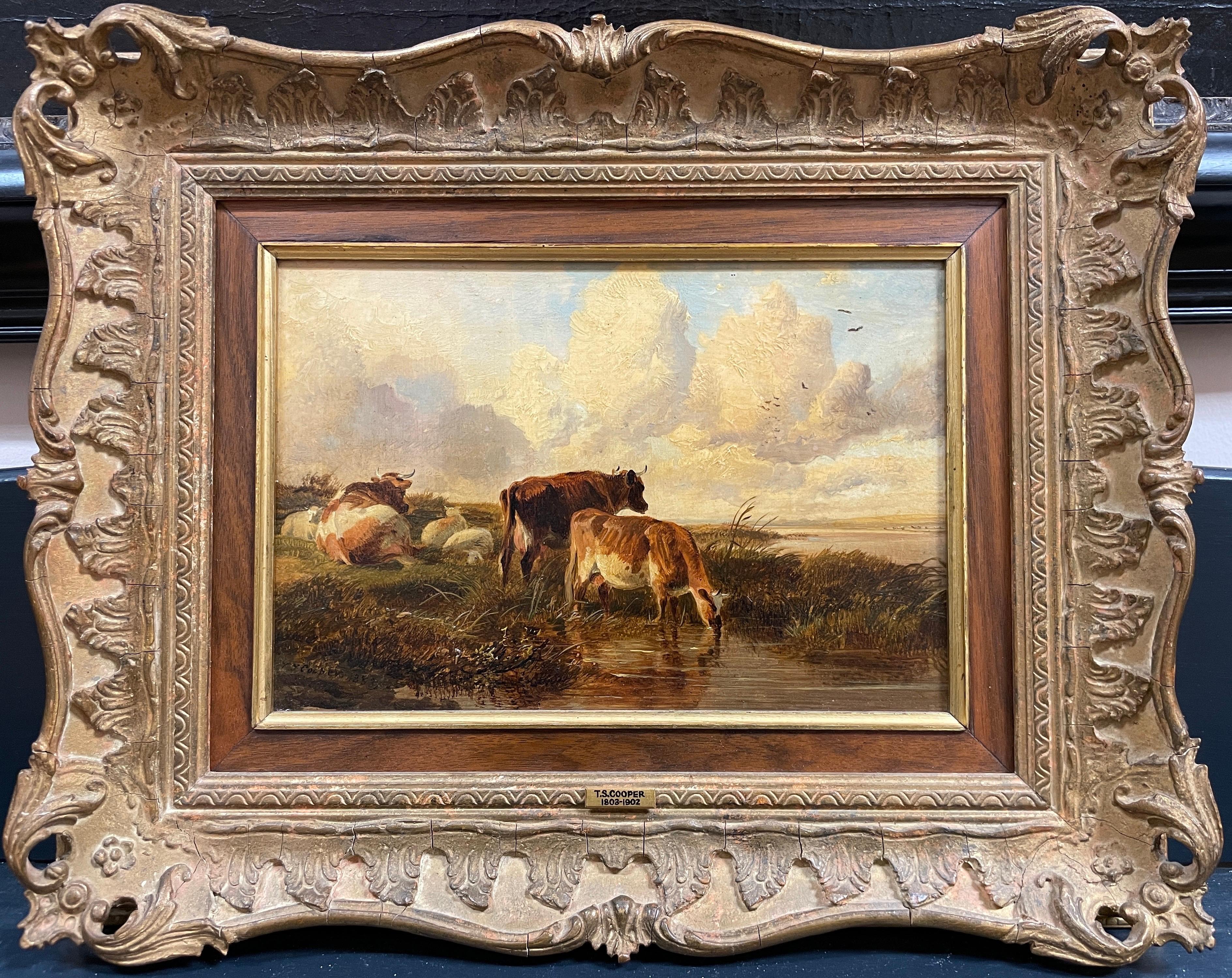 Original Victorian Signed Oil Pastoral Landscape Cattle & Sheep Resting by Water - Painting by Thomas Sidney Cooper