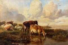 Viktorianisches signiertes Ölgemälde Pastoral-Landschaft, Bauernlandschaft, Rinne und Schafe, auf dem Wasser ruhen