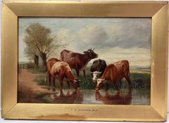 Signed Victorian British Oil Painting Cattle in Tranquil Pastures