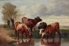 Peinture à l'huile britannique victorienne signée « Cattle in Tranquil Pastures »